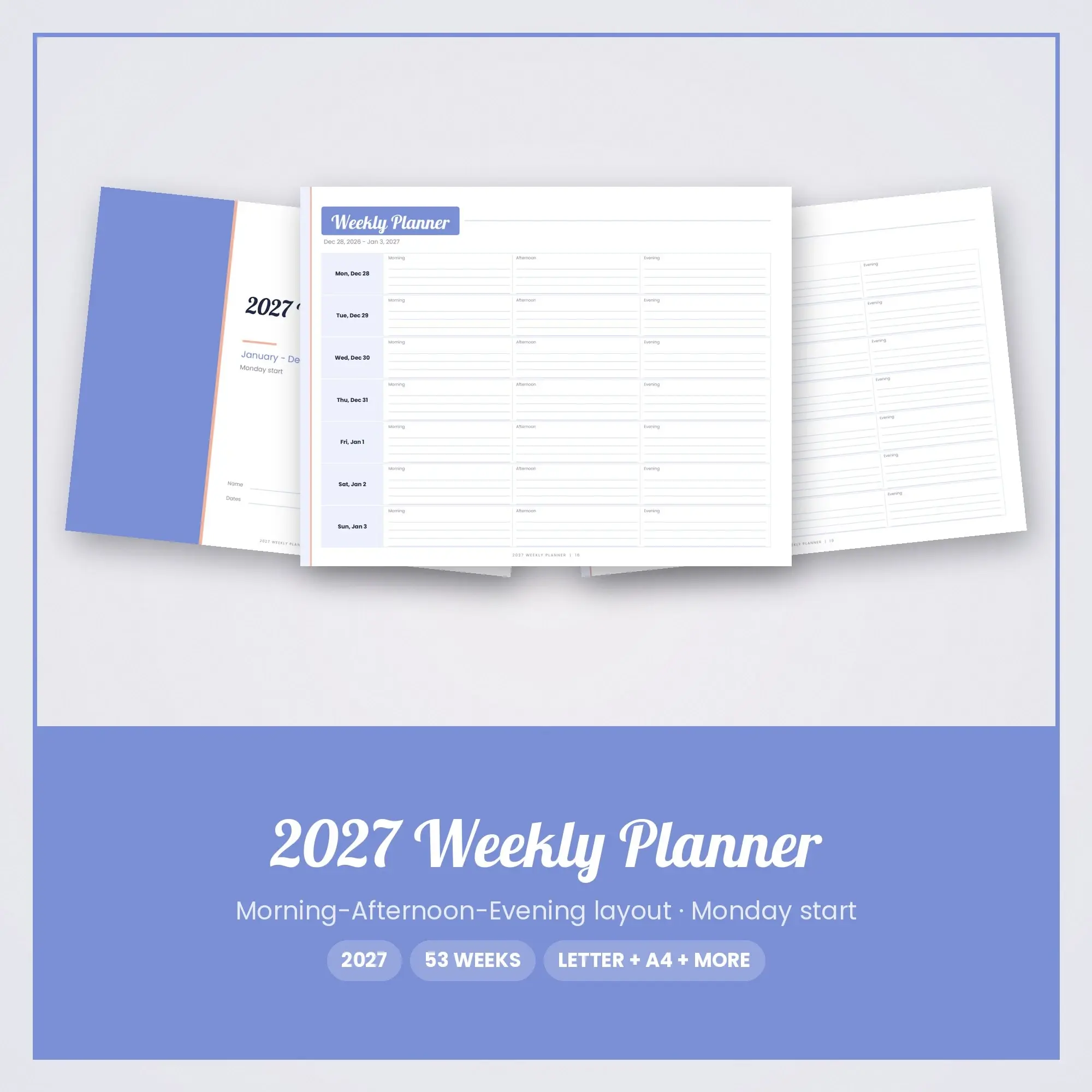 Printable 2027 Weekly Agenda, Morning-Afternoon-Evening Layout, Periwinkle preview