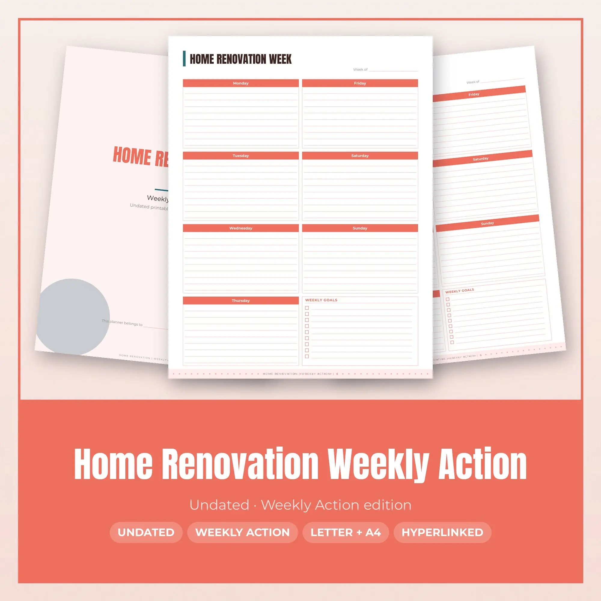 Home Renovation Weekly Action Planner PDF - Coral preview