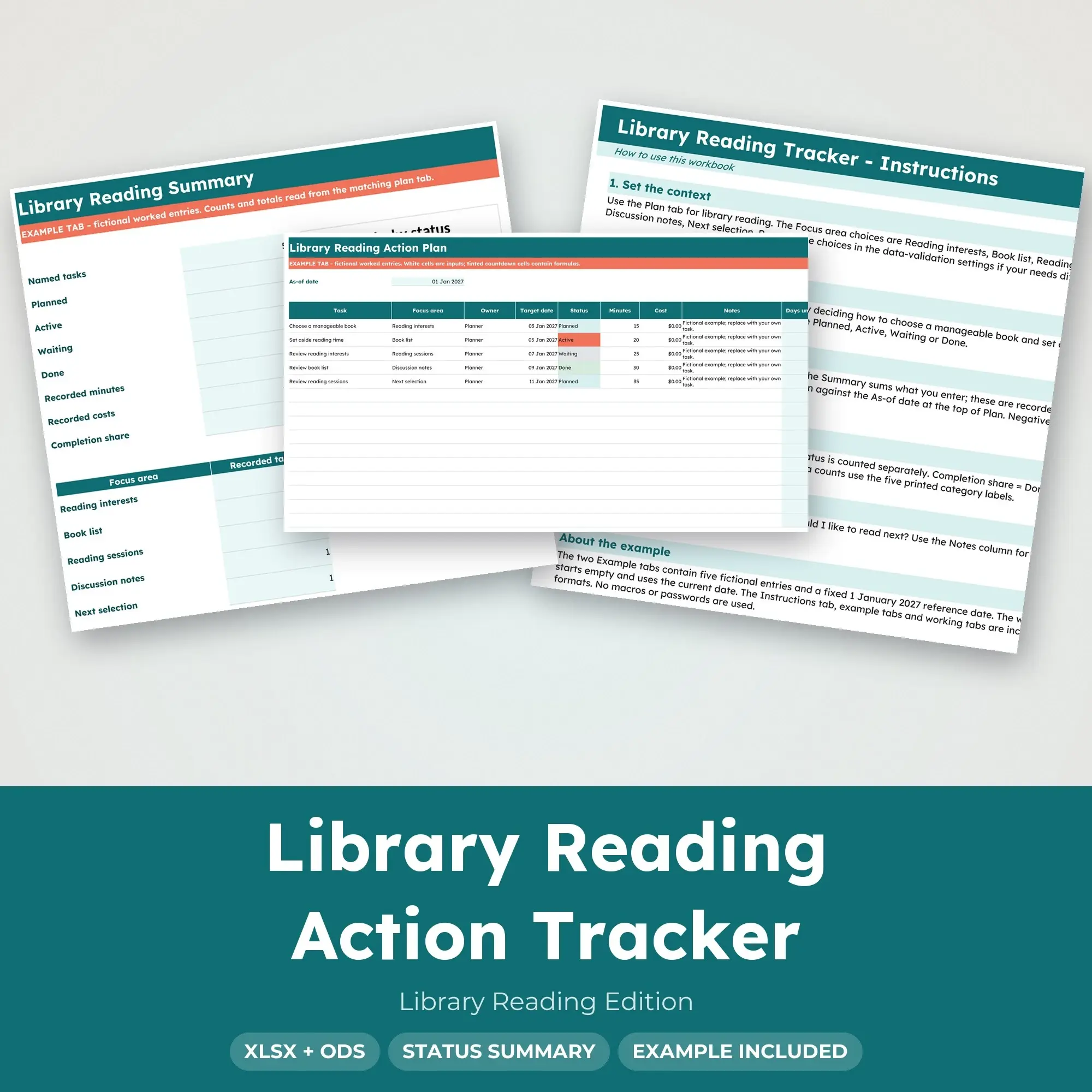 Library Reading Action Tracker Spreadsheet, XLSX + ODS preview