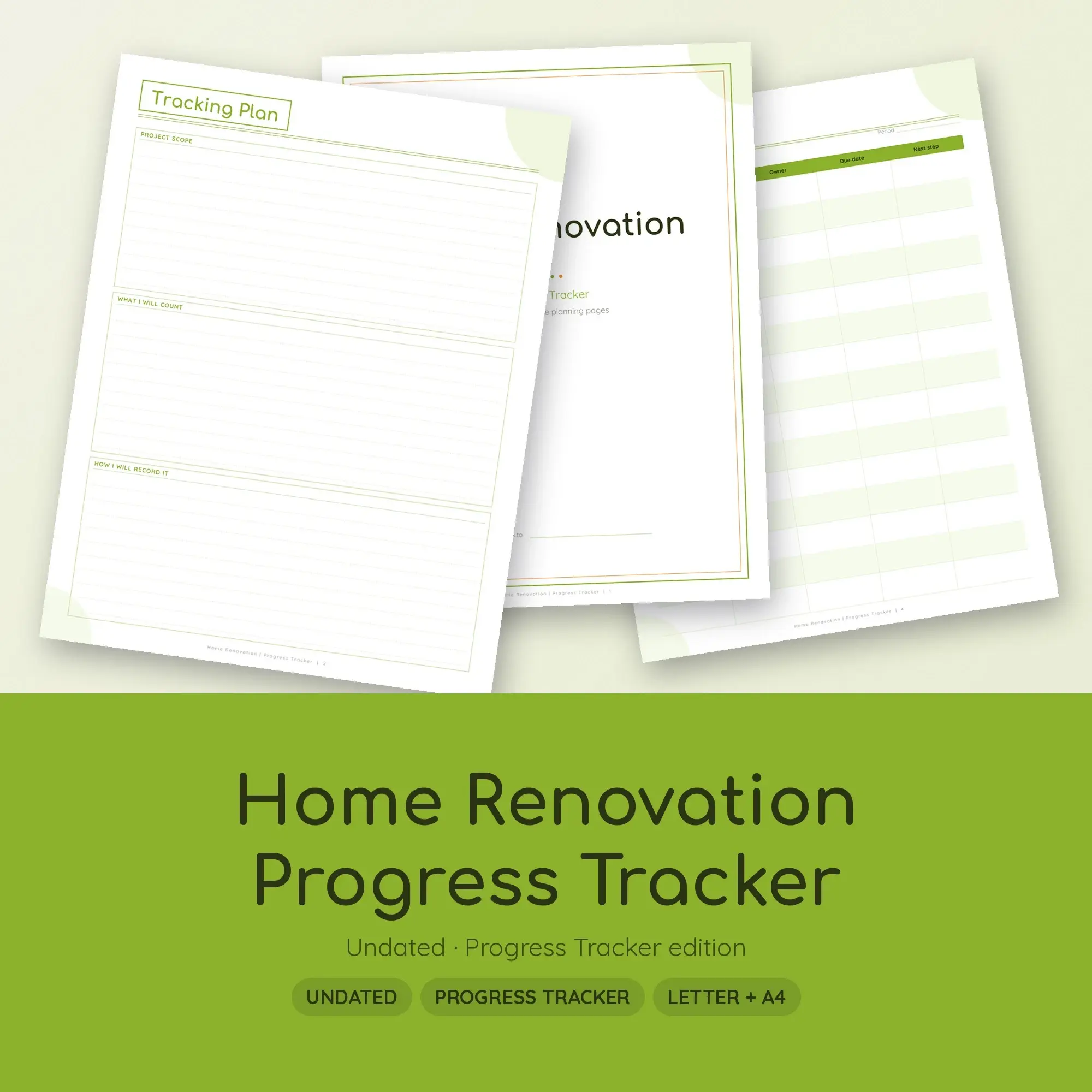 Home Renovation Progress Tracker Planner PDF - Lime preview