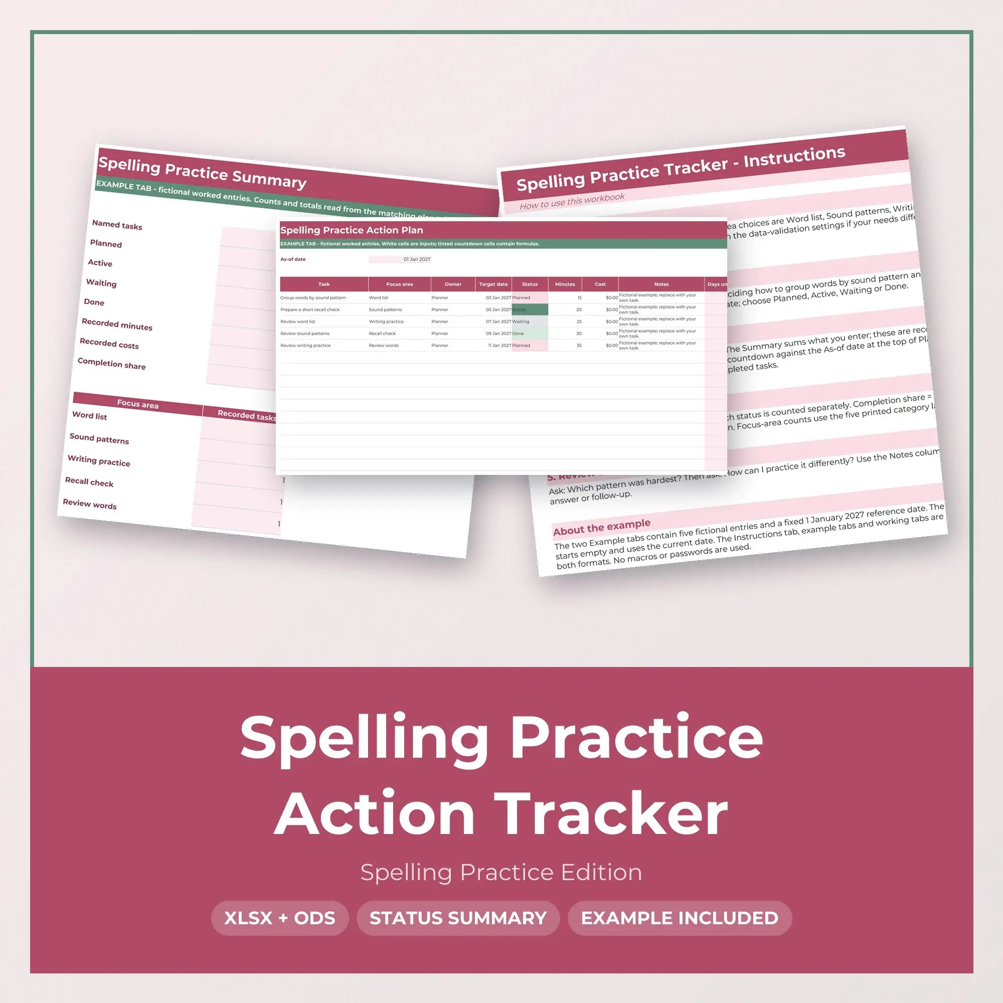 Spelling Practice Action Tracker Spreadsheet, XLSX + ODS preview