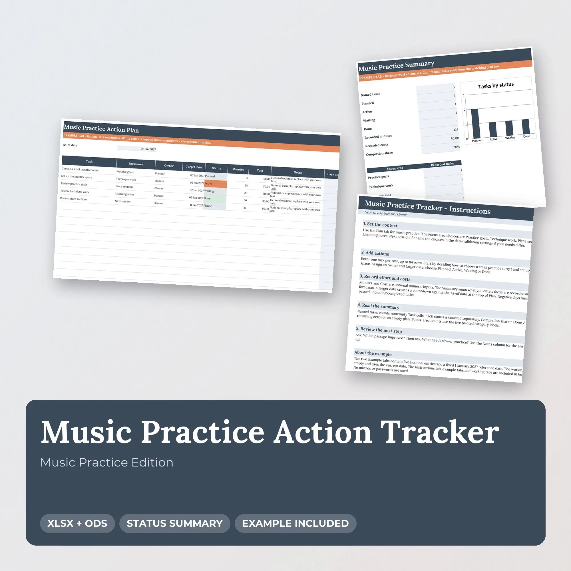 Music Practice Action Tracker Spreadsheet, XLSX + ODS preview