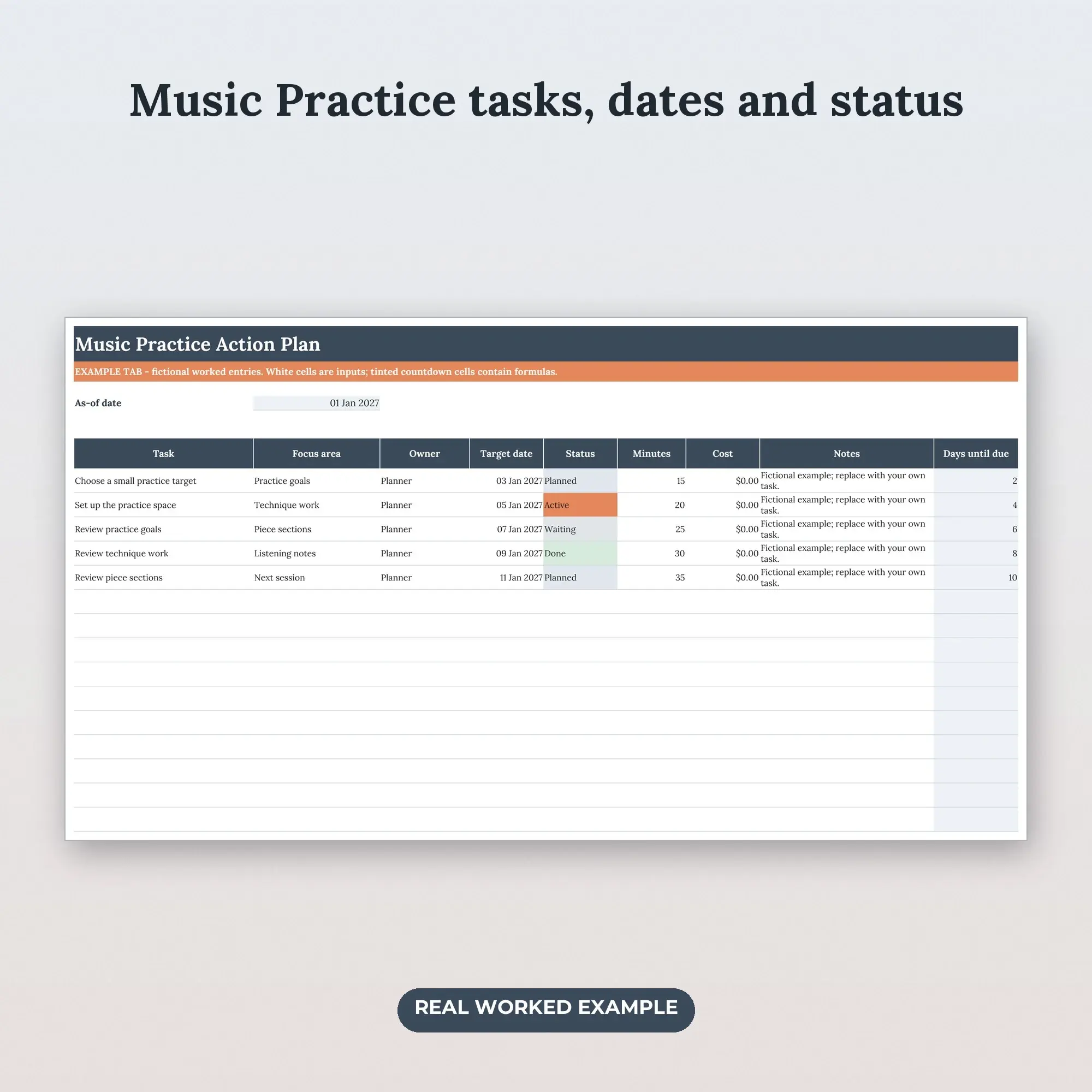 Music Practice Action Tracker Spreadsheet, XLSX + ODS, preview 2 of 2
