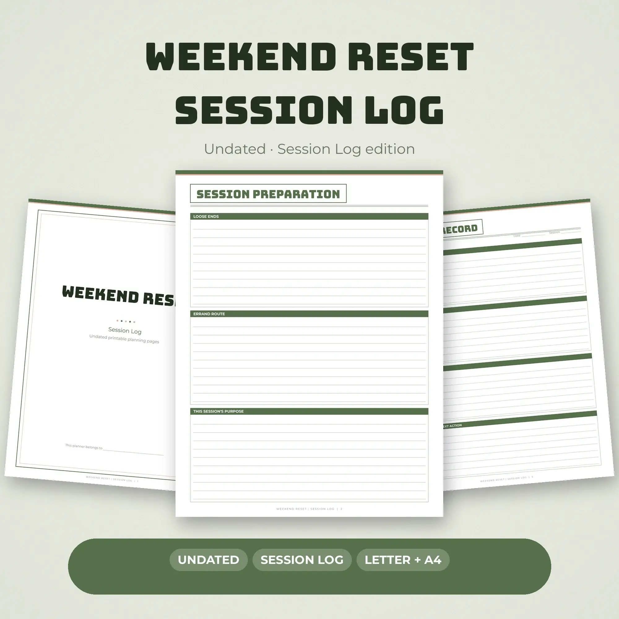 Weekend Reset Session Log Planner PDF - Moss preview