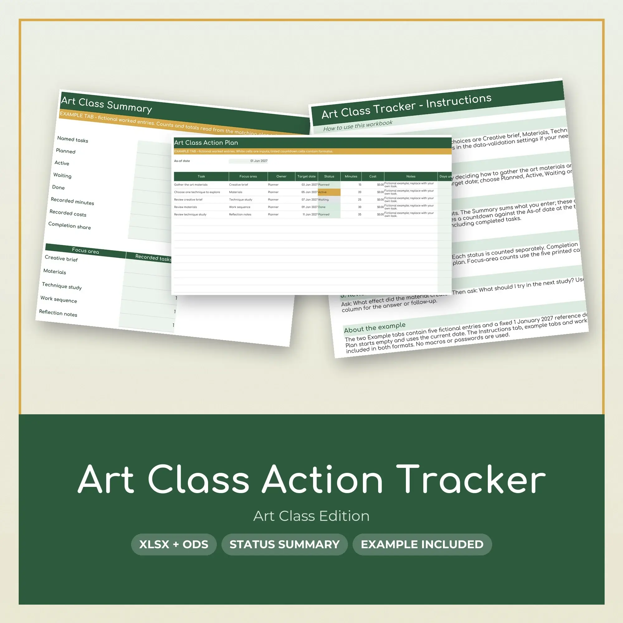 Art Class Action Tracker Spreadsheet, XLSX + ODS preview