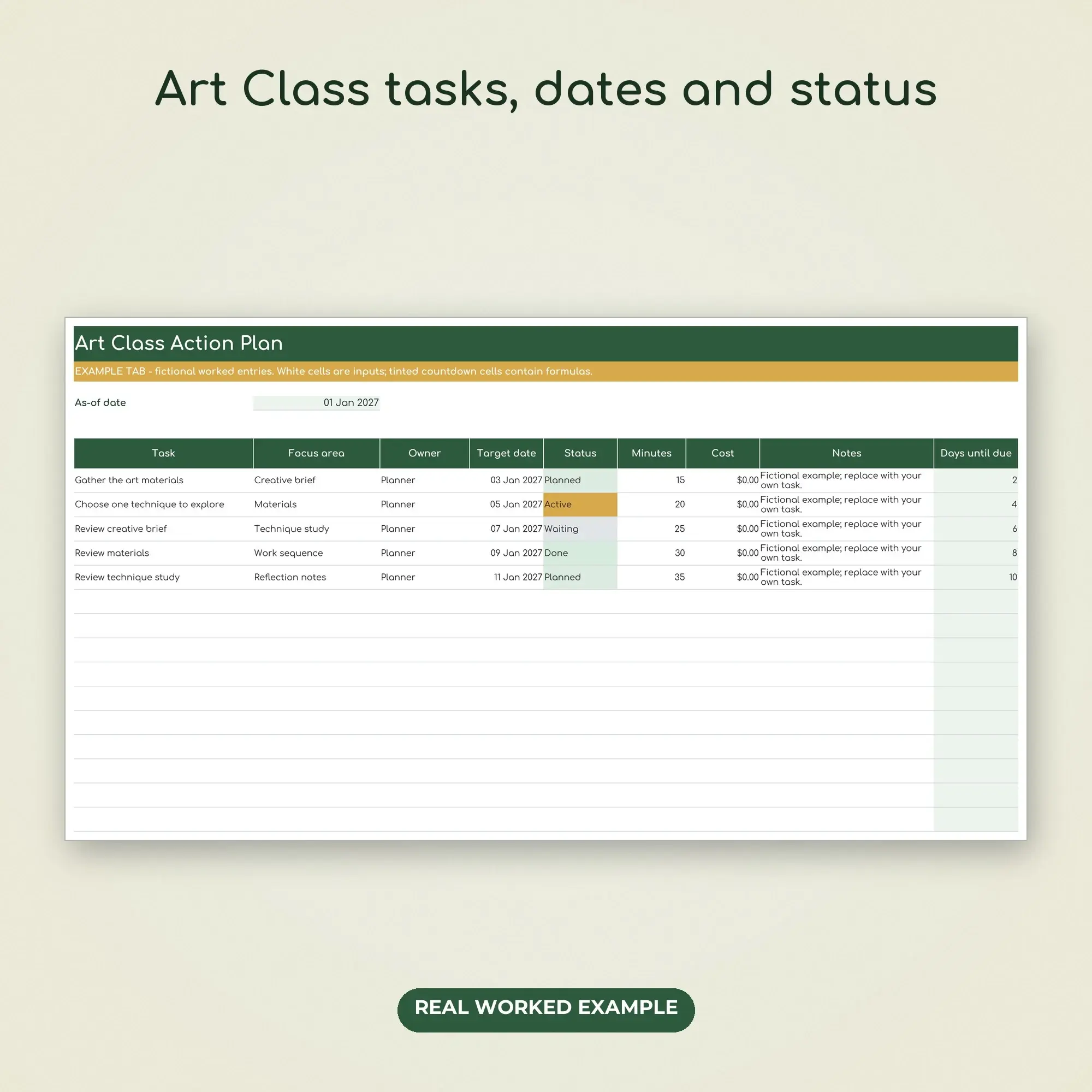 Art Class Action Tracker Spreadsheet, XLSX + ODS, preview 2 of 2