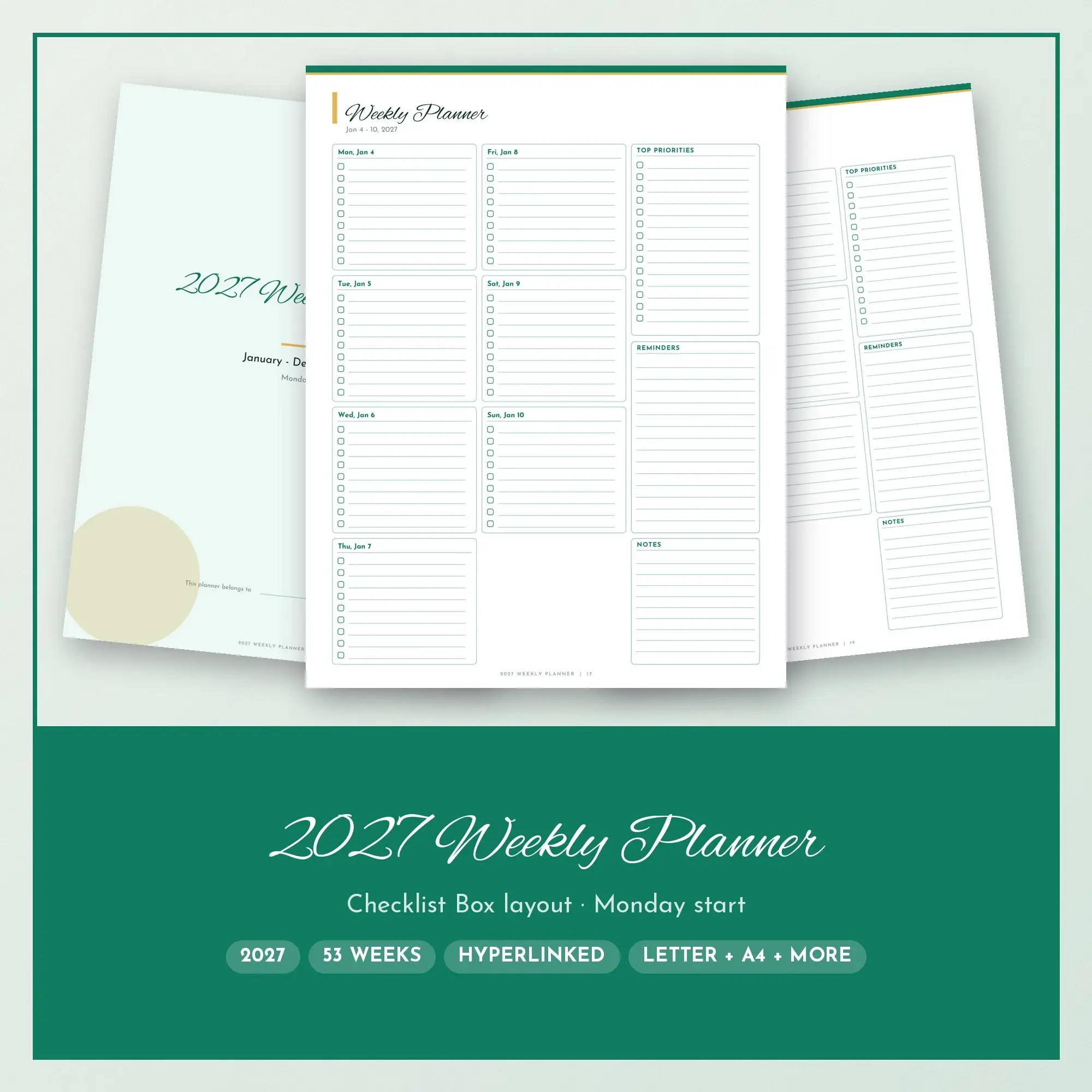 2027 Digital Weekly Planner, Hyperlinked PDF + Printable, Emerald preview
