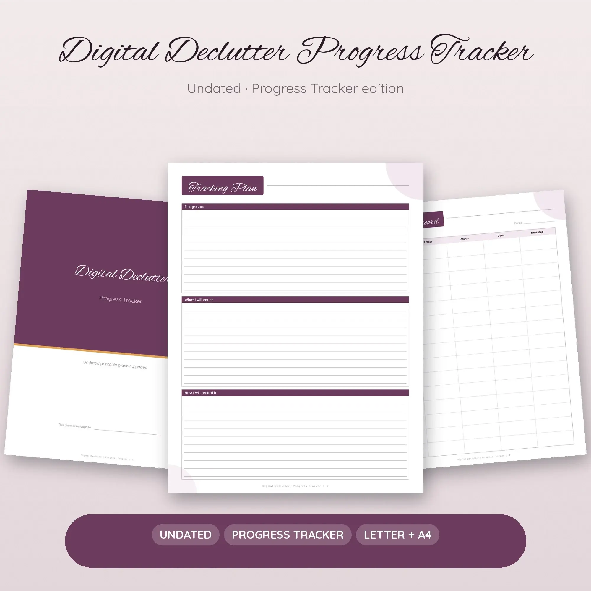 Digital Declutter Progress Tracker Planner PDF - Plum preview