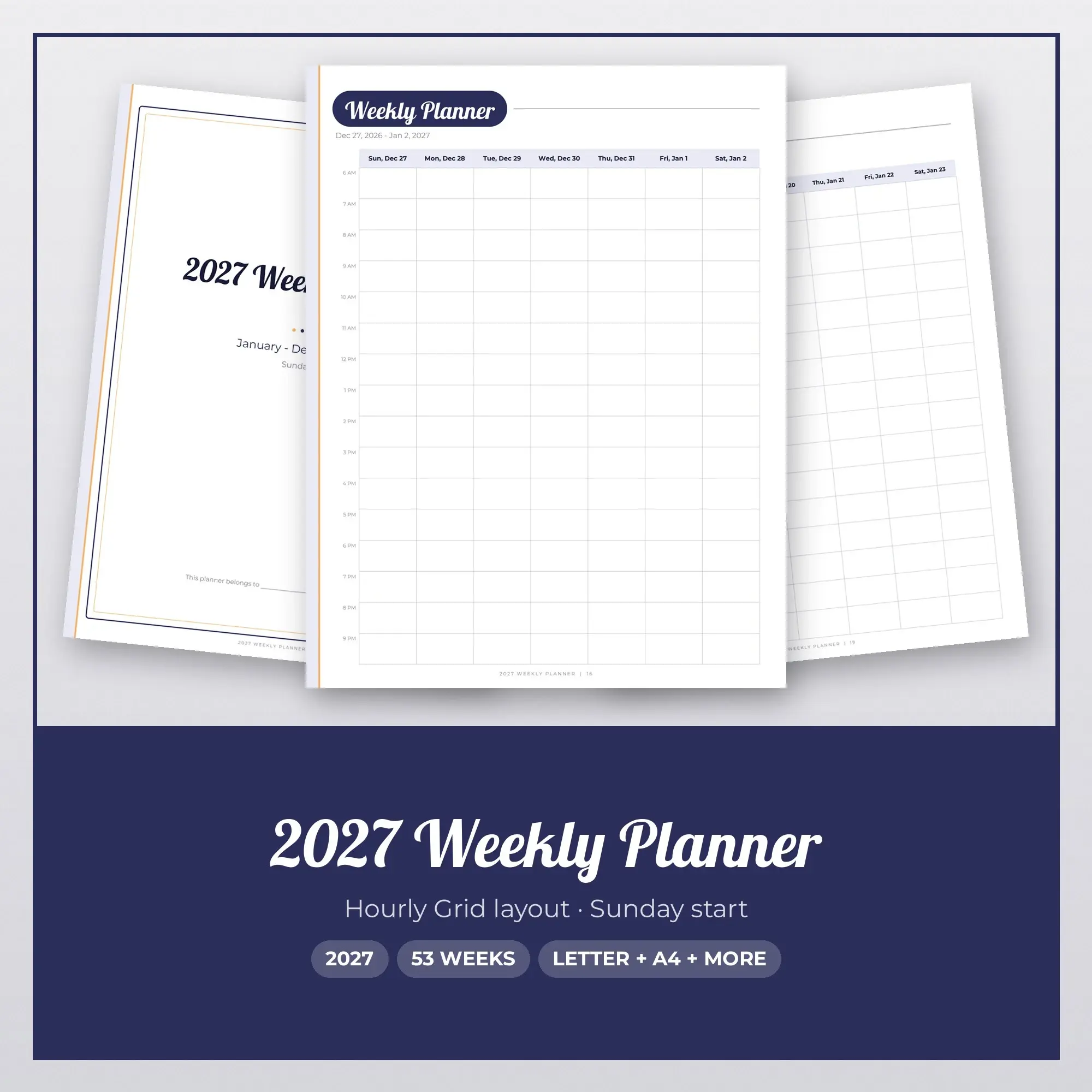 2027 Weekly Planner Printable - Hourly Grid Layout, Sunday Start preview