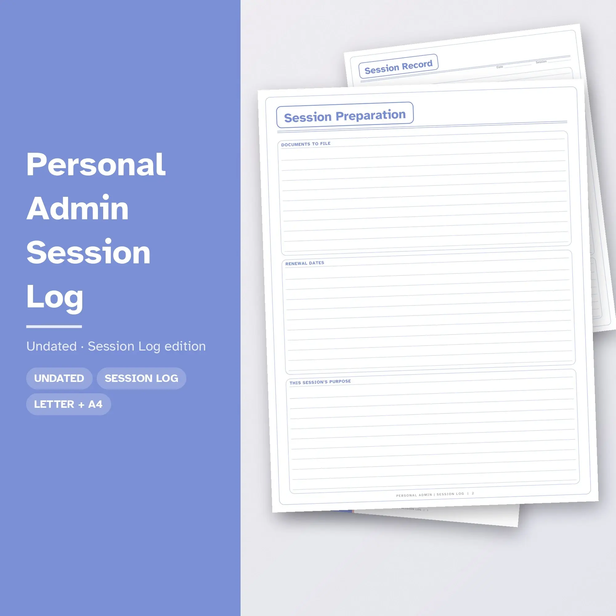 Personal Admin Session Log Planner PDF - Periwinkle preview