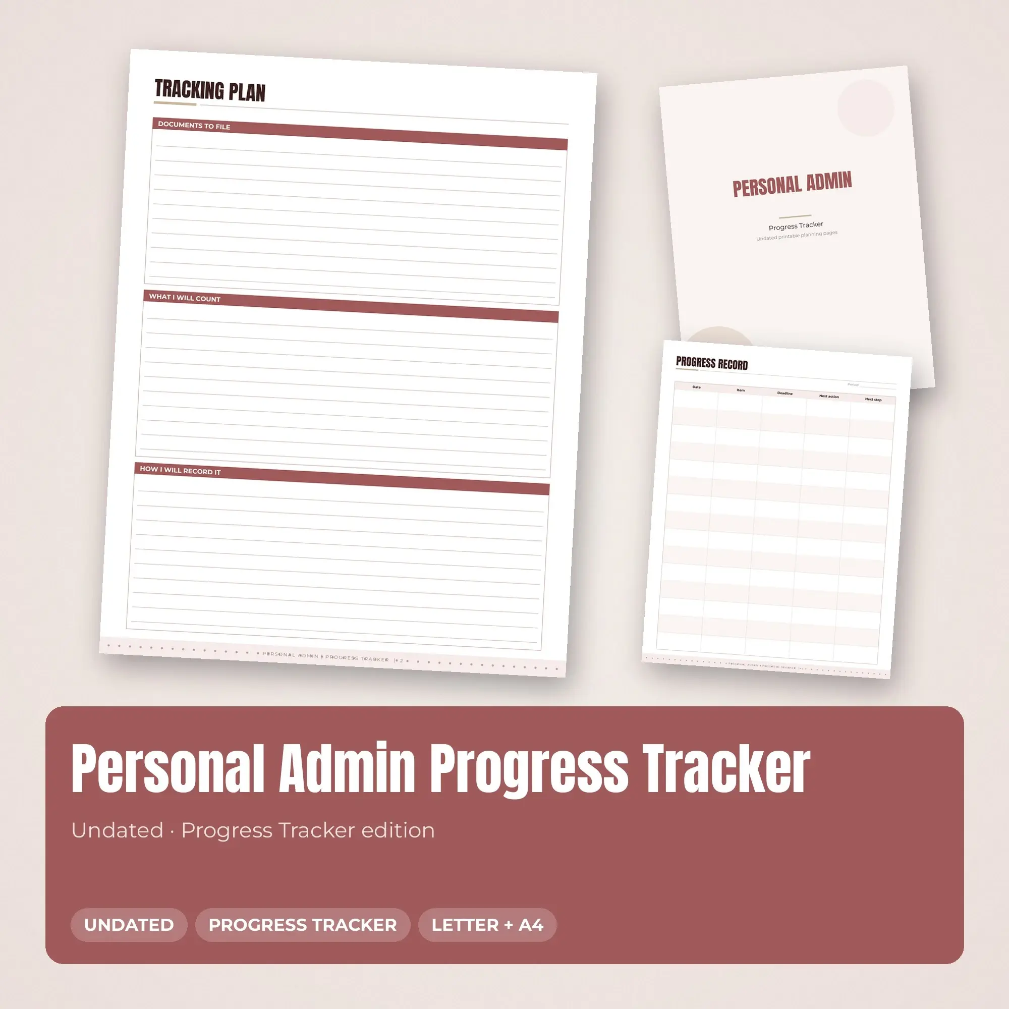 Personal Admin Progress Tracker Planner PDF - Rosewood preview