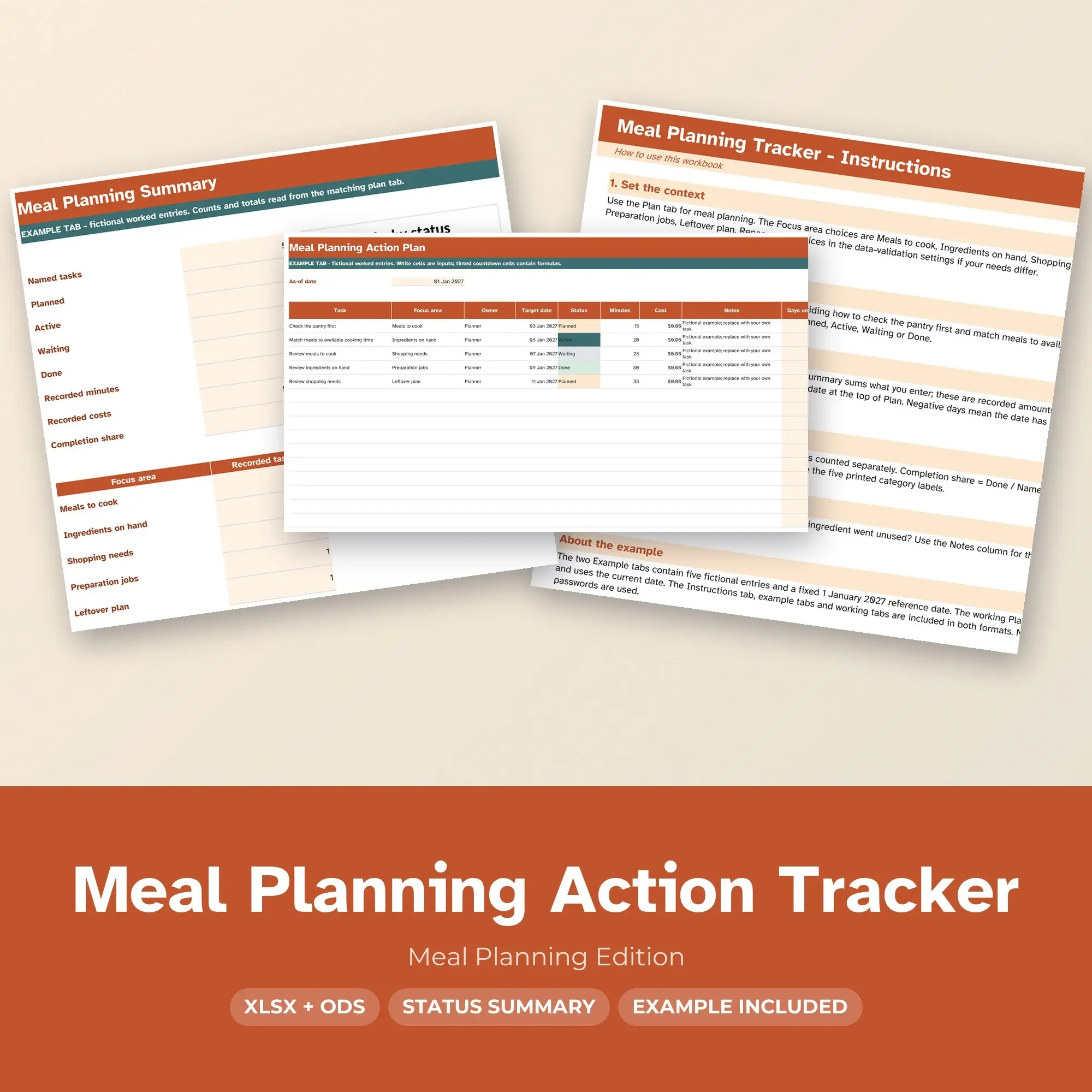 Meal Planning Action Tracker Spreadsheet, XLSX + ODS preview