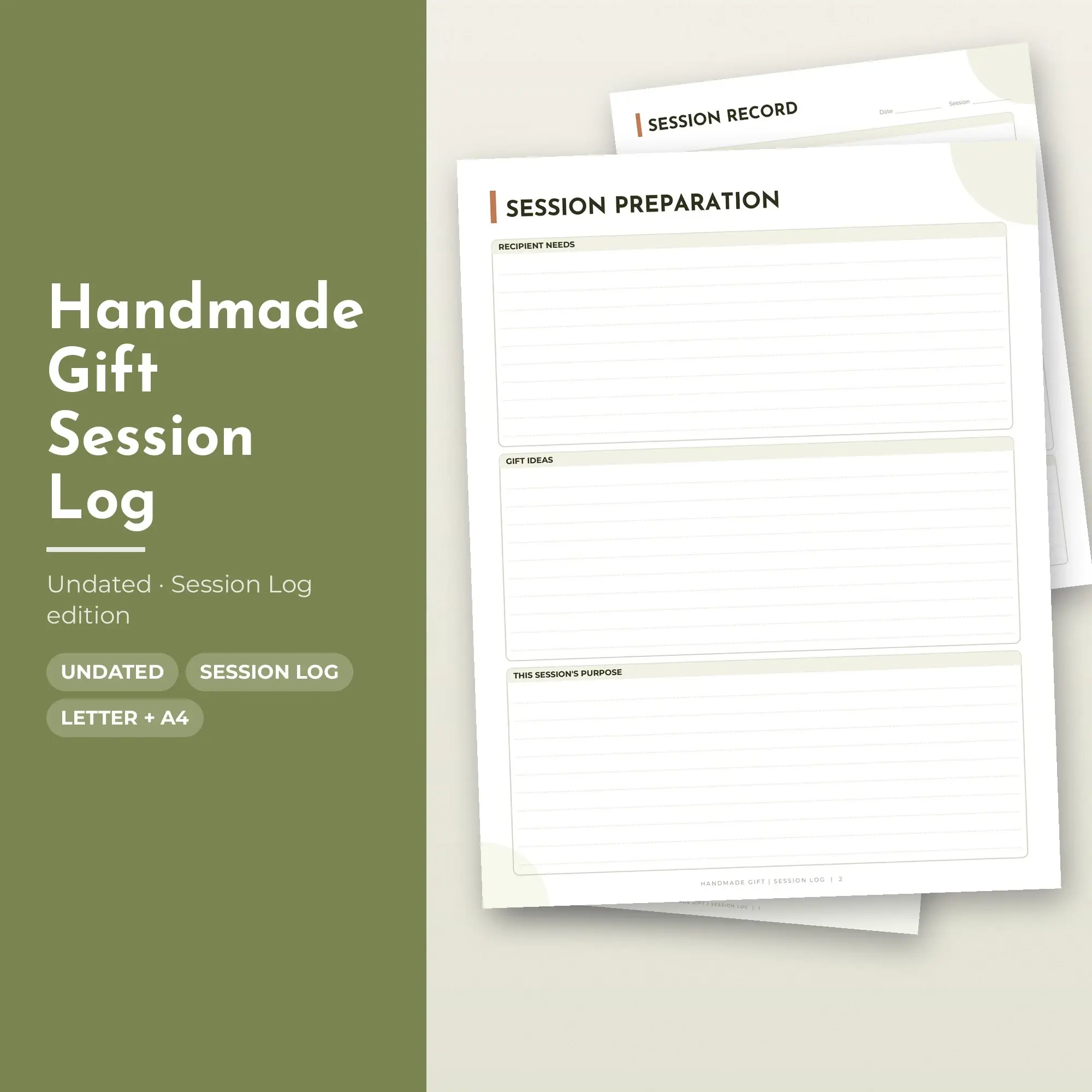 Handmade Gift Session Log Planner PDF - Olive, preview 1 of 2