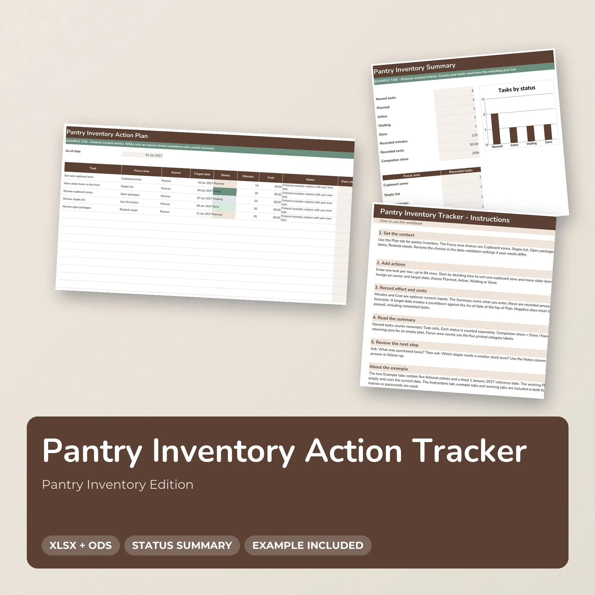 Pantry Inventory Action Tracker Spreadsheet, XLSX + ODS preview