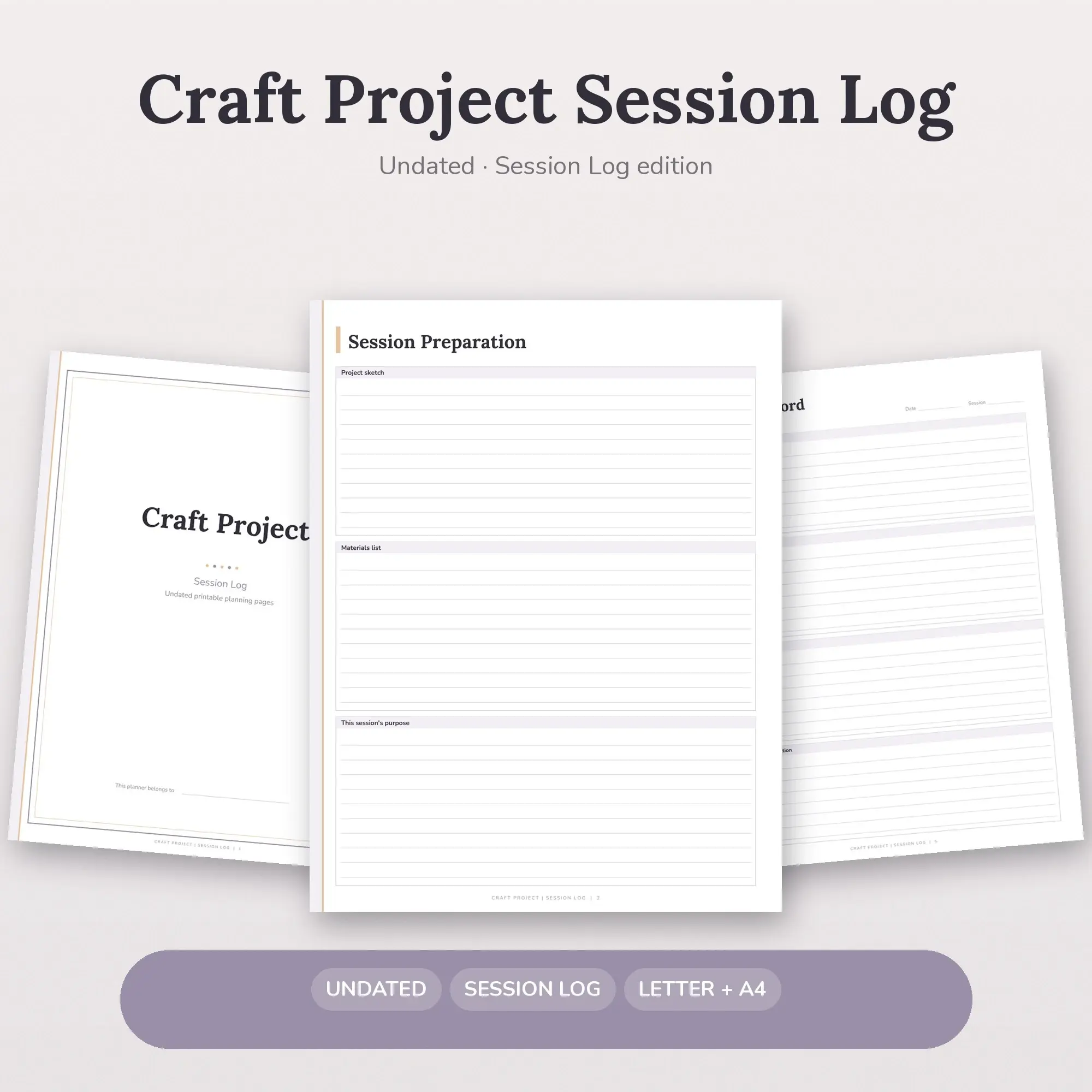 Craft Project Session Log Planner PDF - Lilac preview