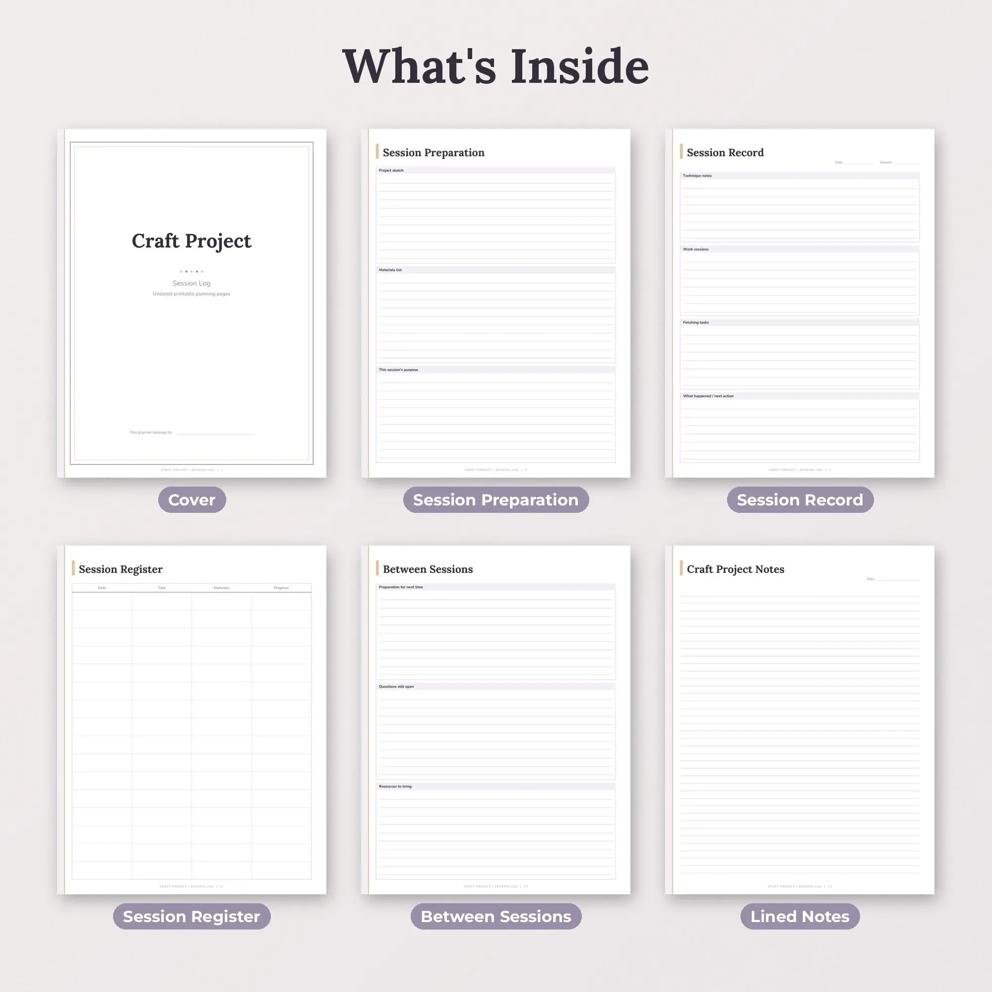 Craft Project Session Log Planner PDF - Lilac, preview 2 of 2
