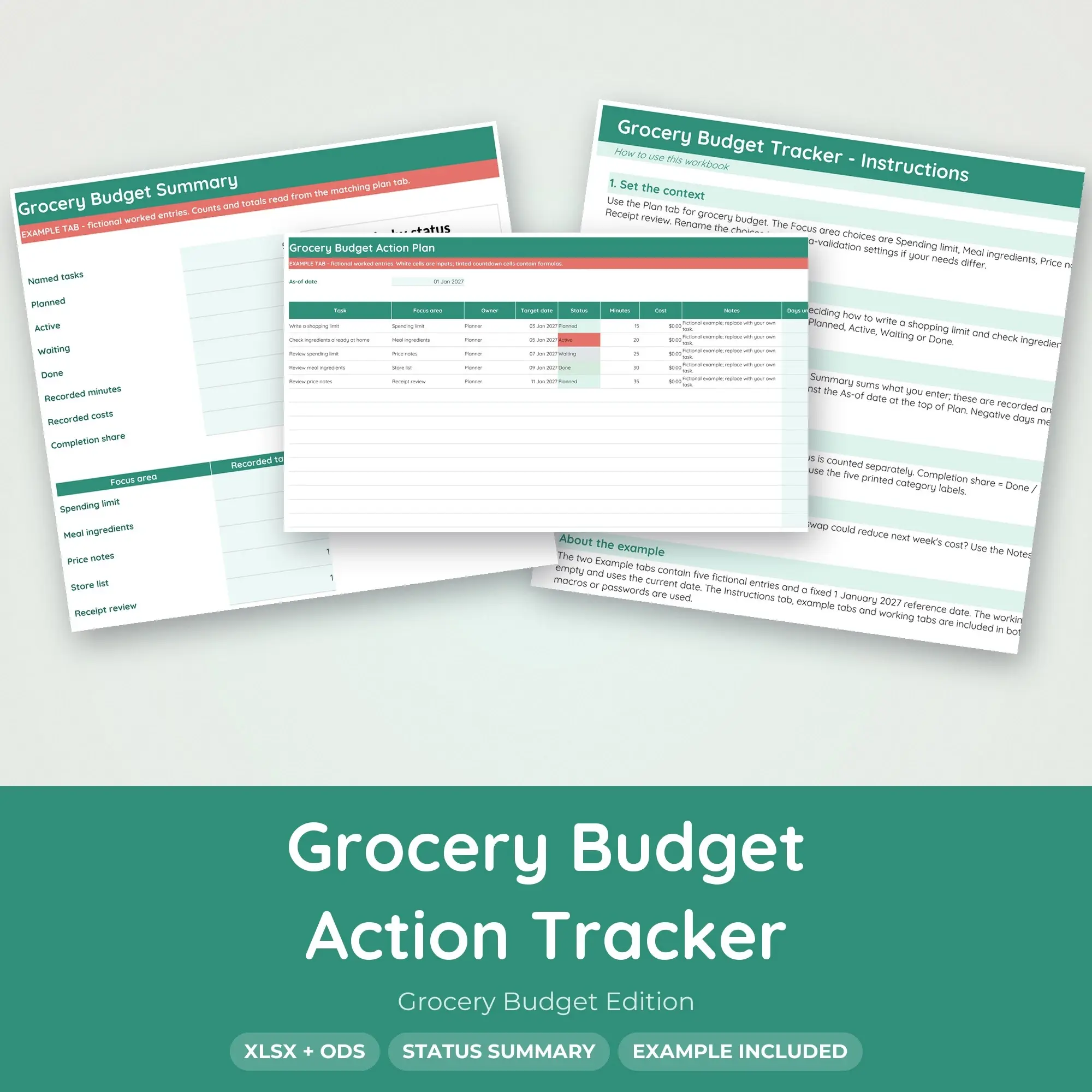 Grocery Budget Action Tracker Spreadsheet, XLSX + ODS preview