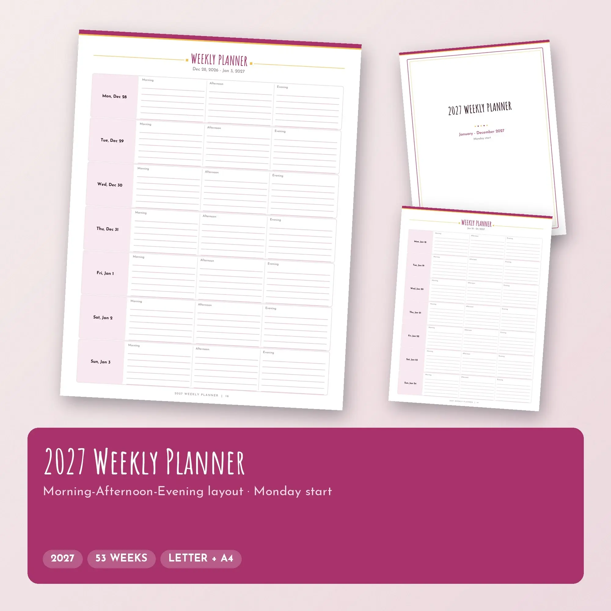 Weekly Planner 2027 Printable, Berry Handwritten, Dated PDF preview