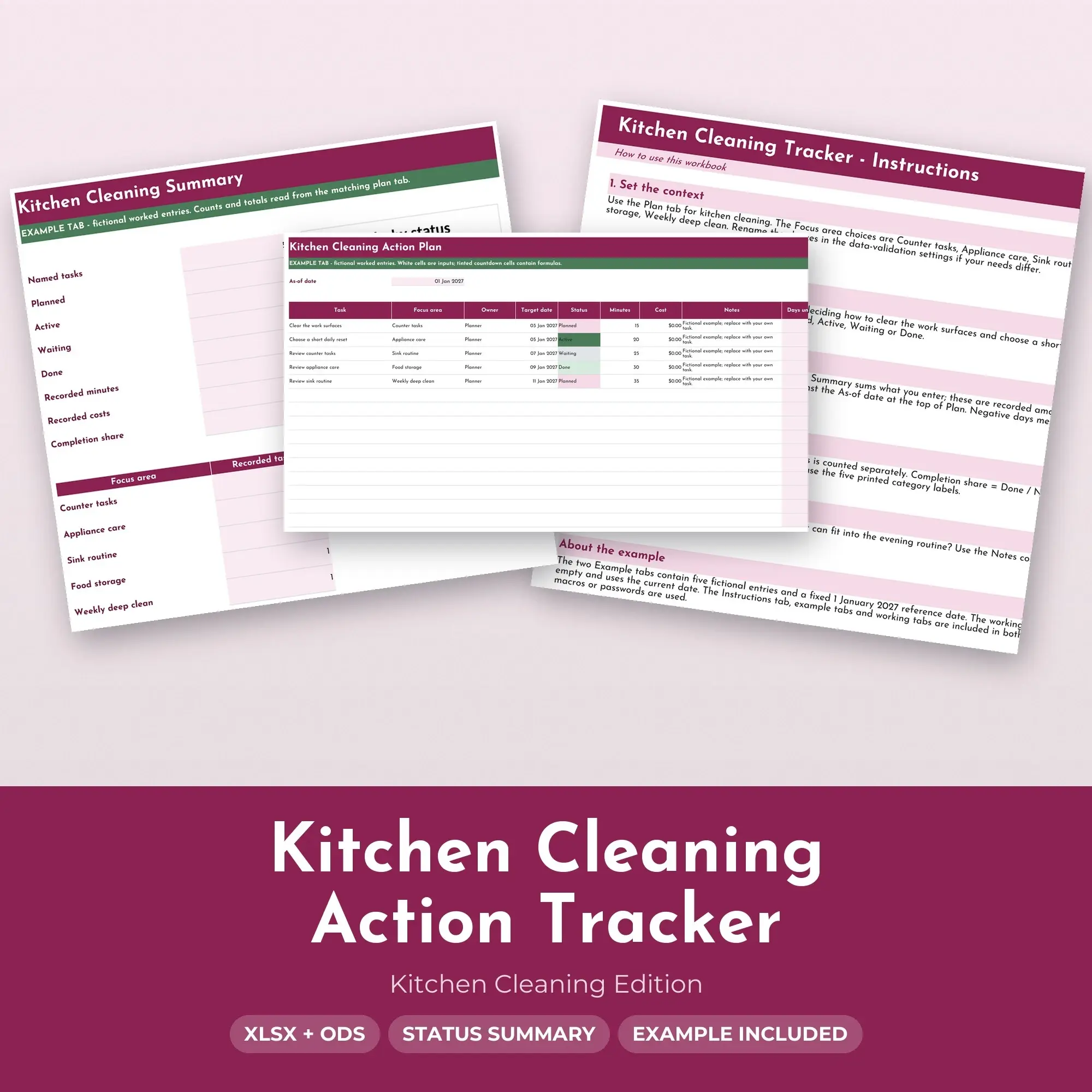 Kitchen Cleaning Action Tracker Spreadsheet, XLSX + ODS preview
