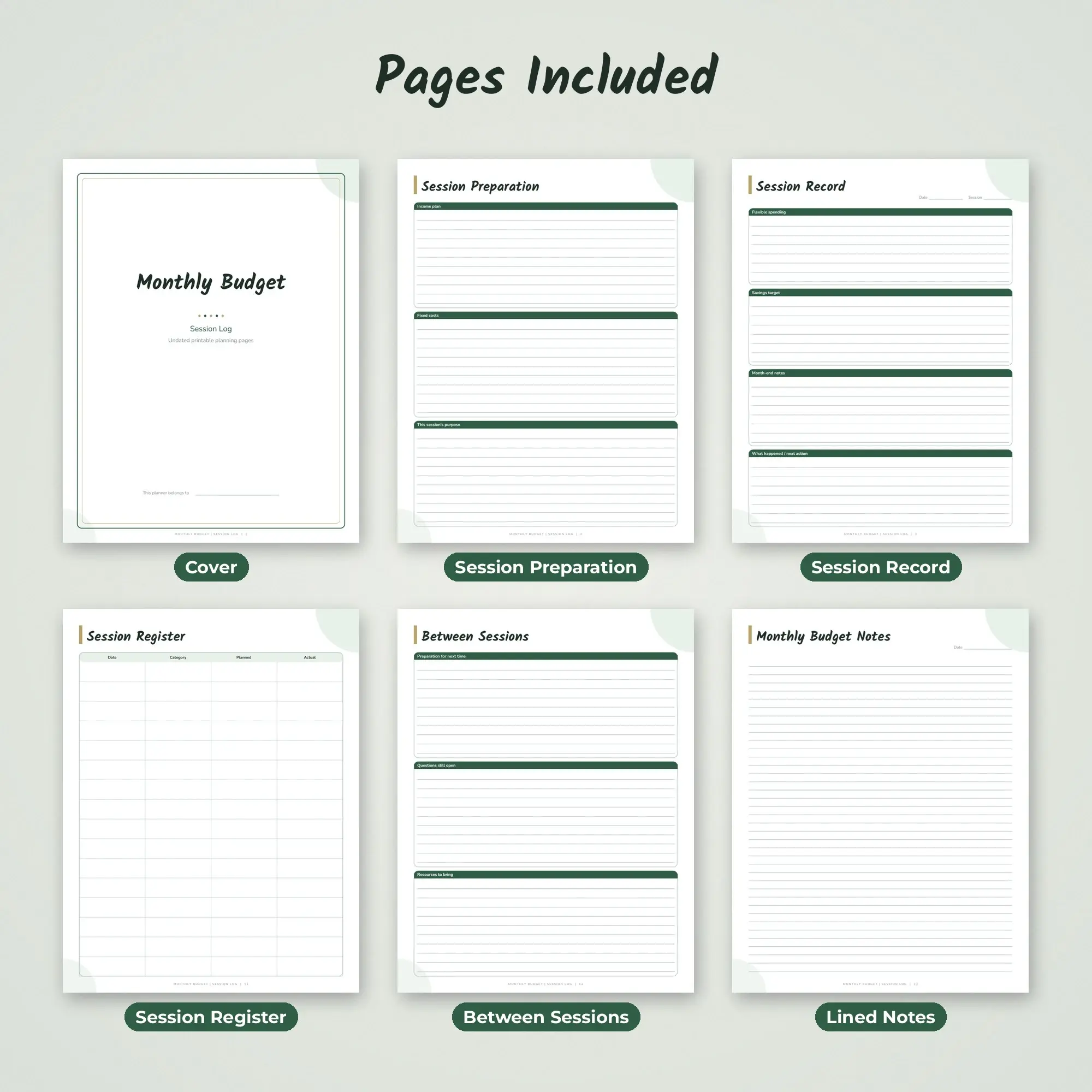 Monthly Budget Session Log Planner PDF - Forest, preview 2 of 2