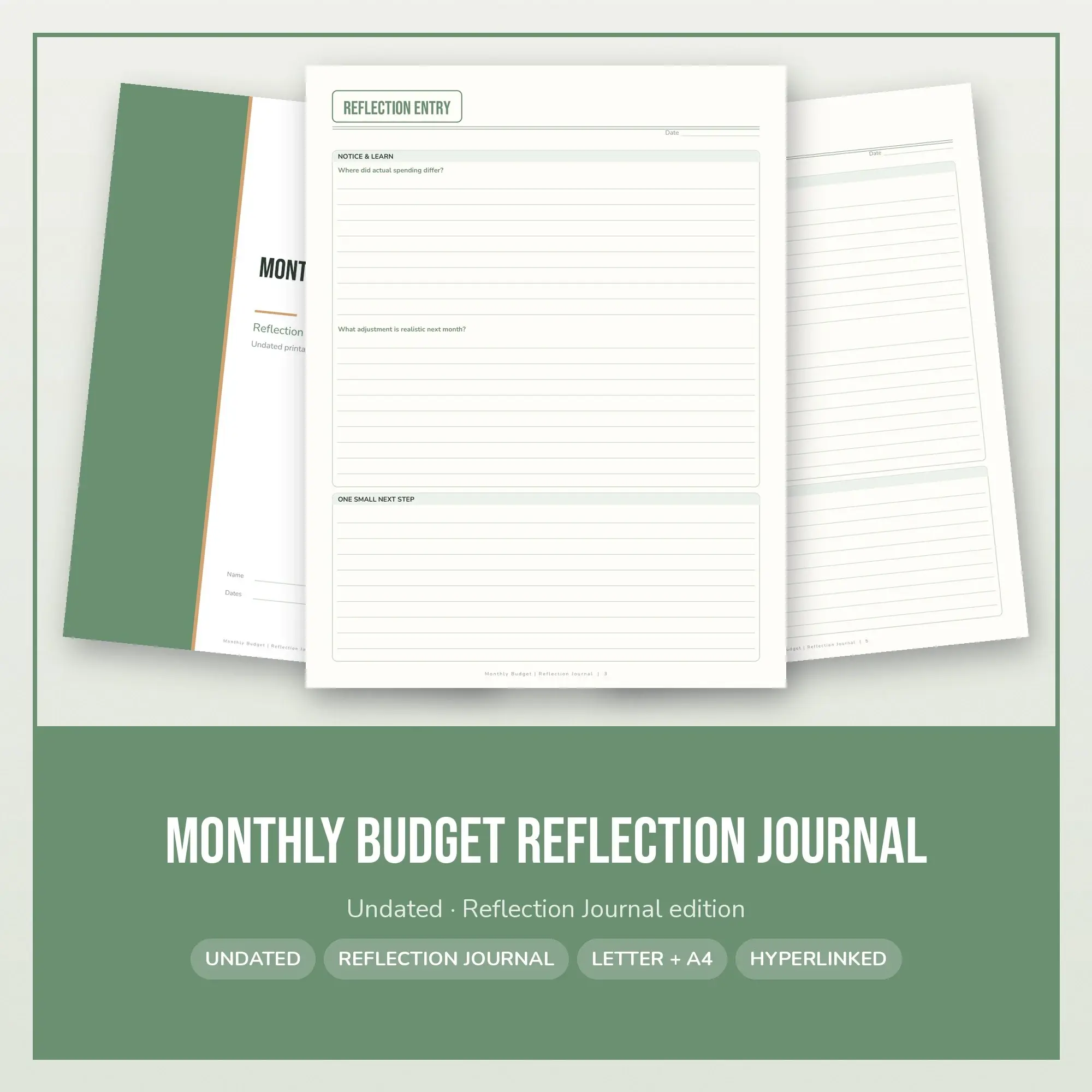 Monthly Budget Reflection Journal Planner PDF - Sage preview