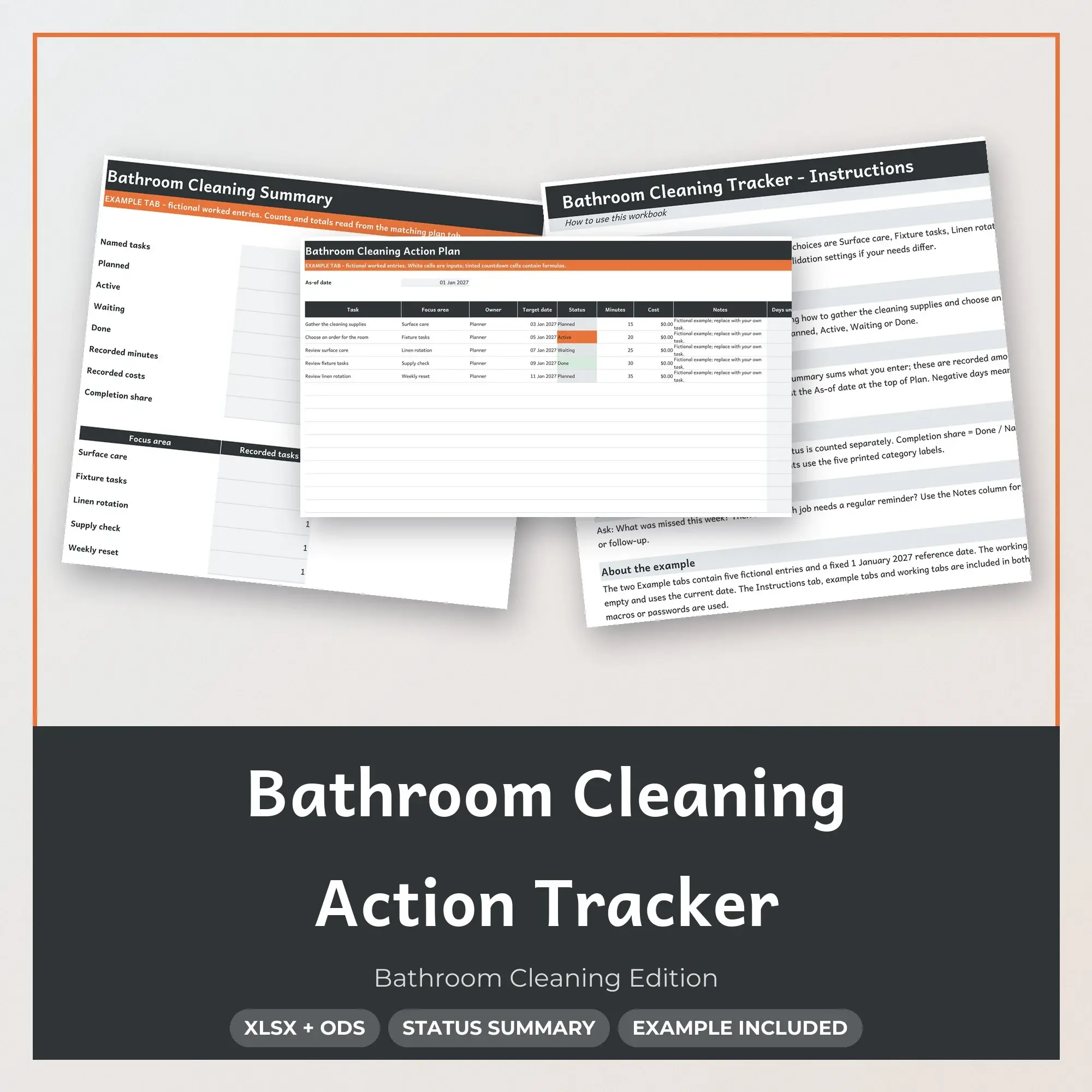 Bathroom Cleaning Action Tracker Spreadsheet, XLSX + ODS preview