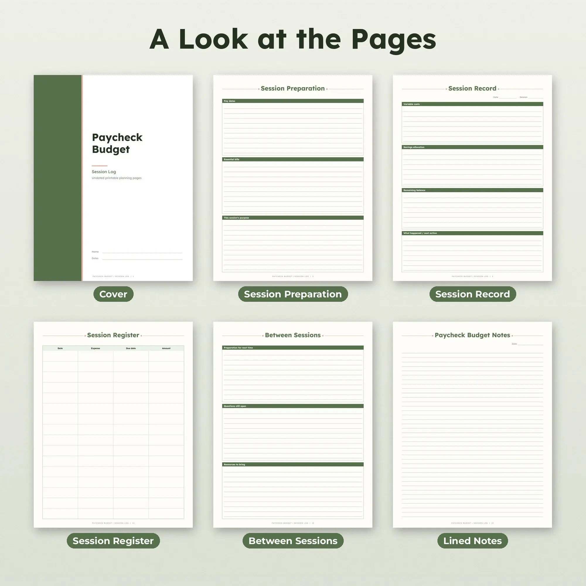 Paycheck Budget Session Log Planner PDF - Moss, preview 2 of 2