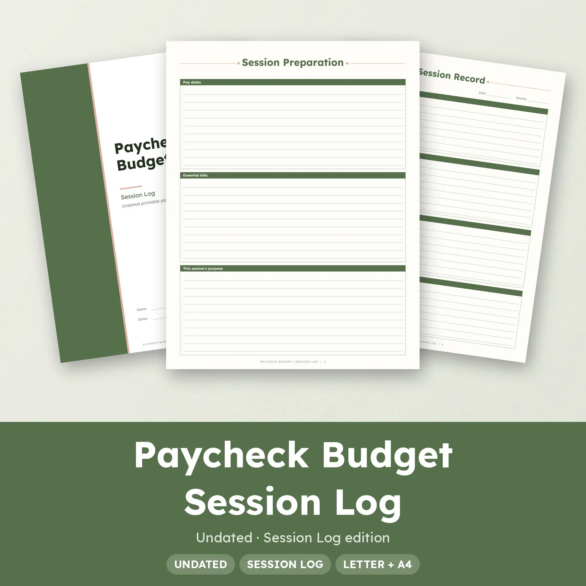 Paycheck Budget Session Log Planner PDF - Moss, preview 1 of 2