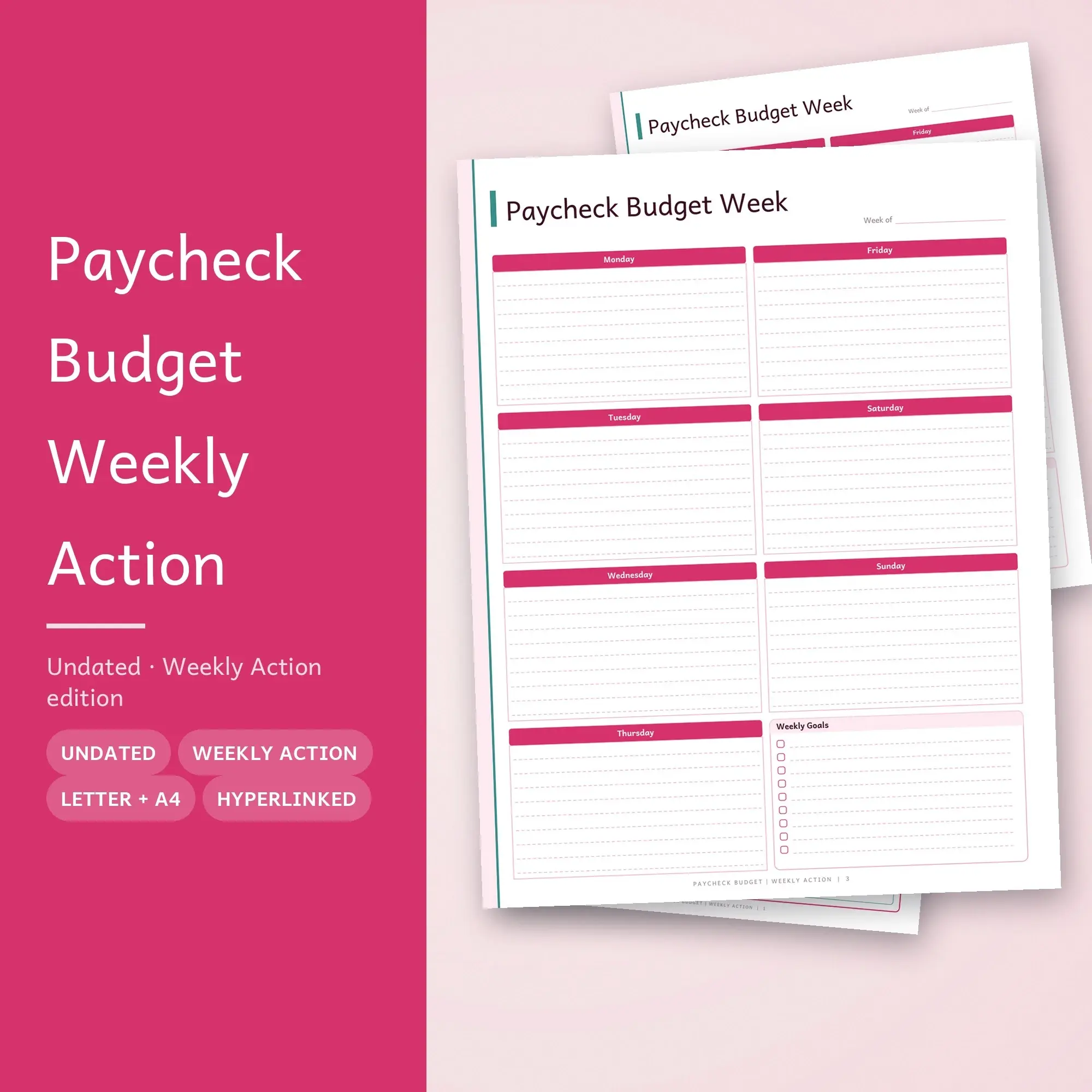 Paycheck Budget Weekly Action Planner PDF - Raspberry preview