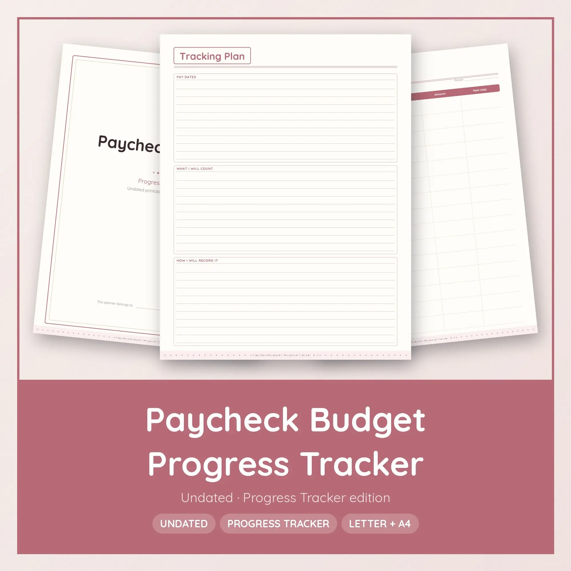 Paycheck Budget Progress Tracker Planner PDF - Dusty Rose preview
