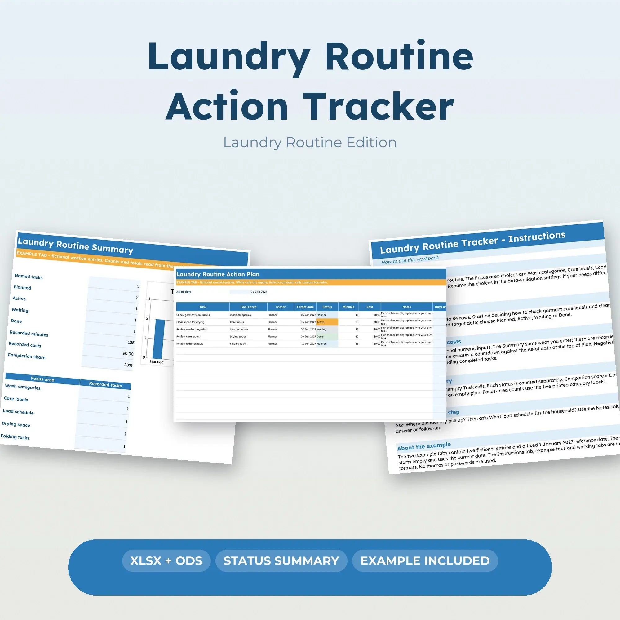 Laundry Routine Action Tracker Spreadsheet, XLSX + ODS preview