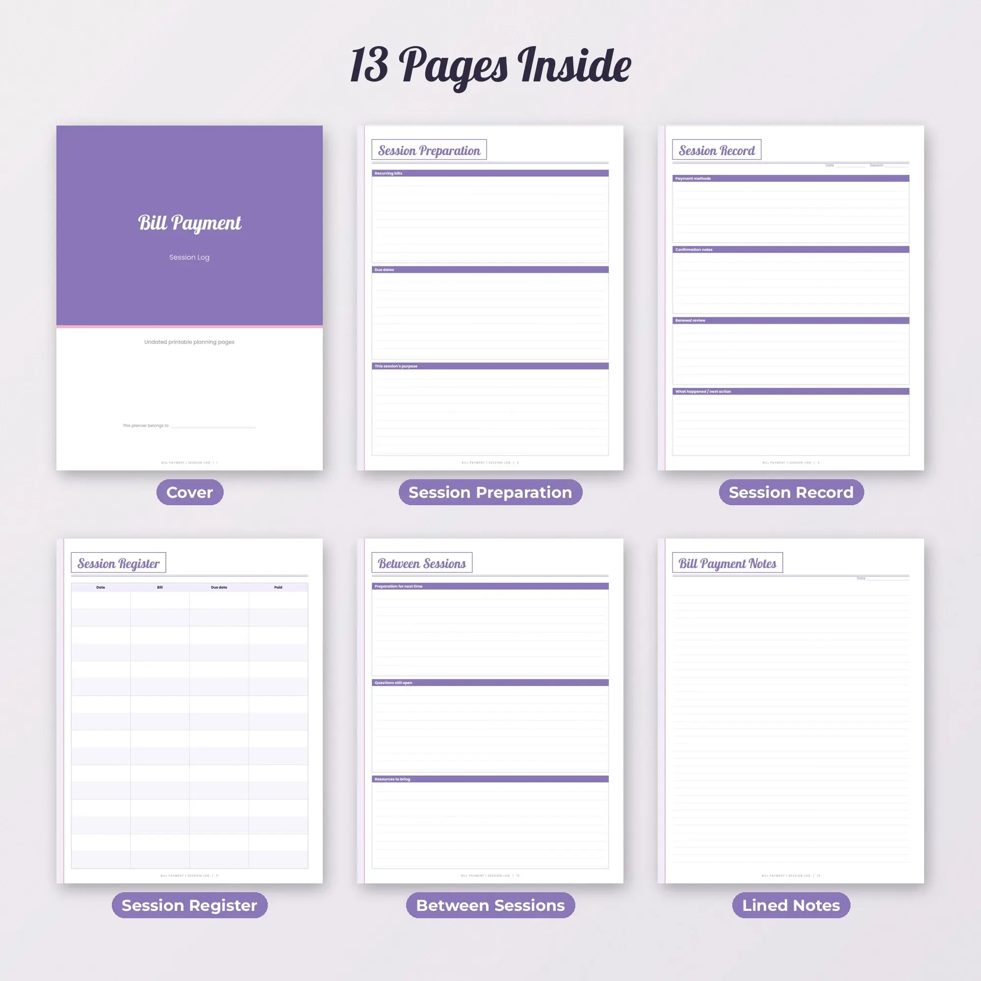 Bill Payment Session Log Planner PDF - Lavender, preview 2 of 2