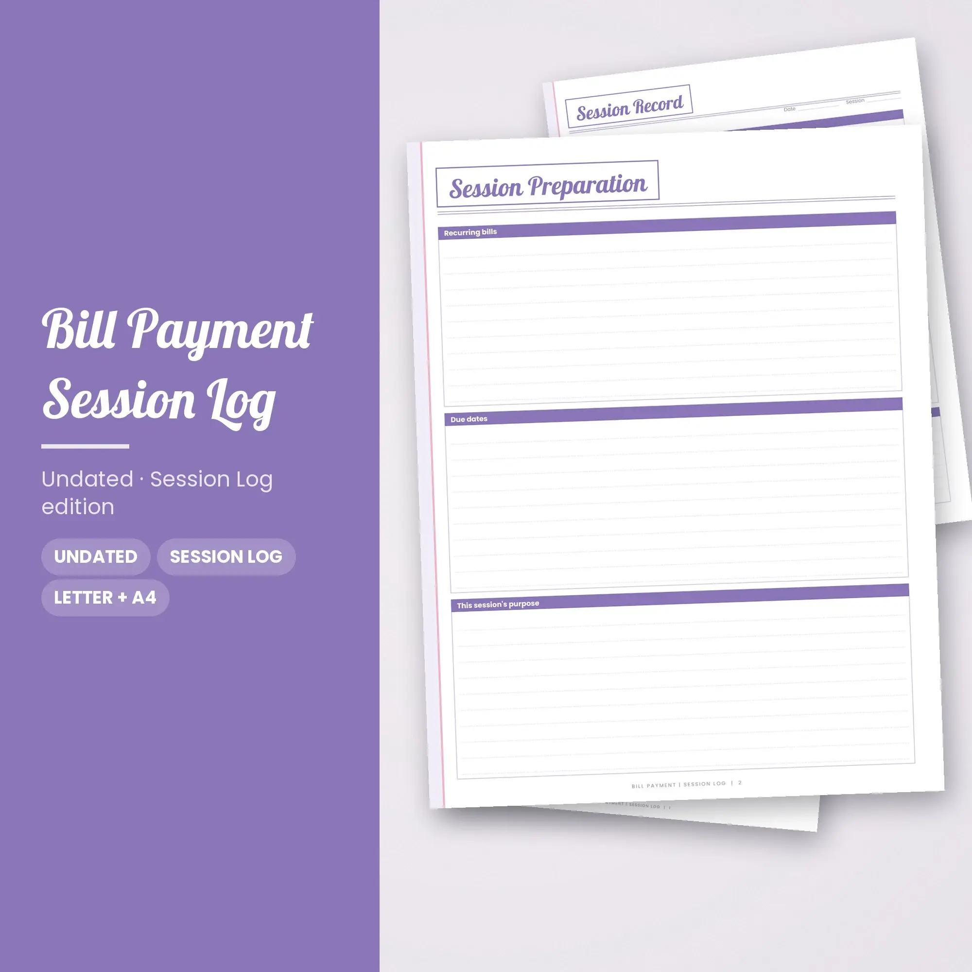 Bill Payment Session Log Planner PDF - Lavender, preview 1 of 2