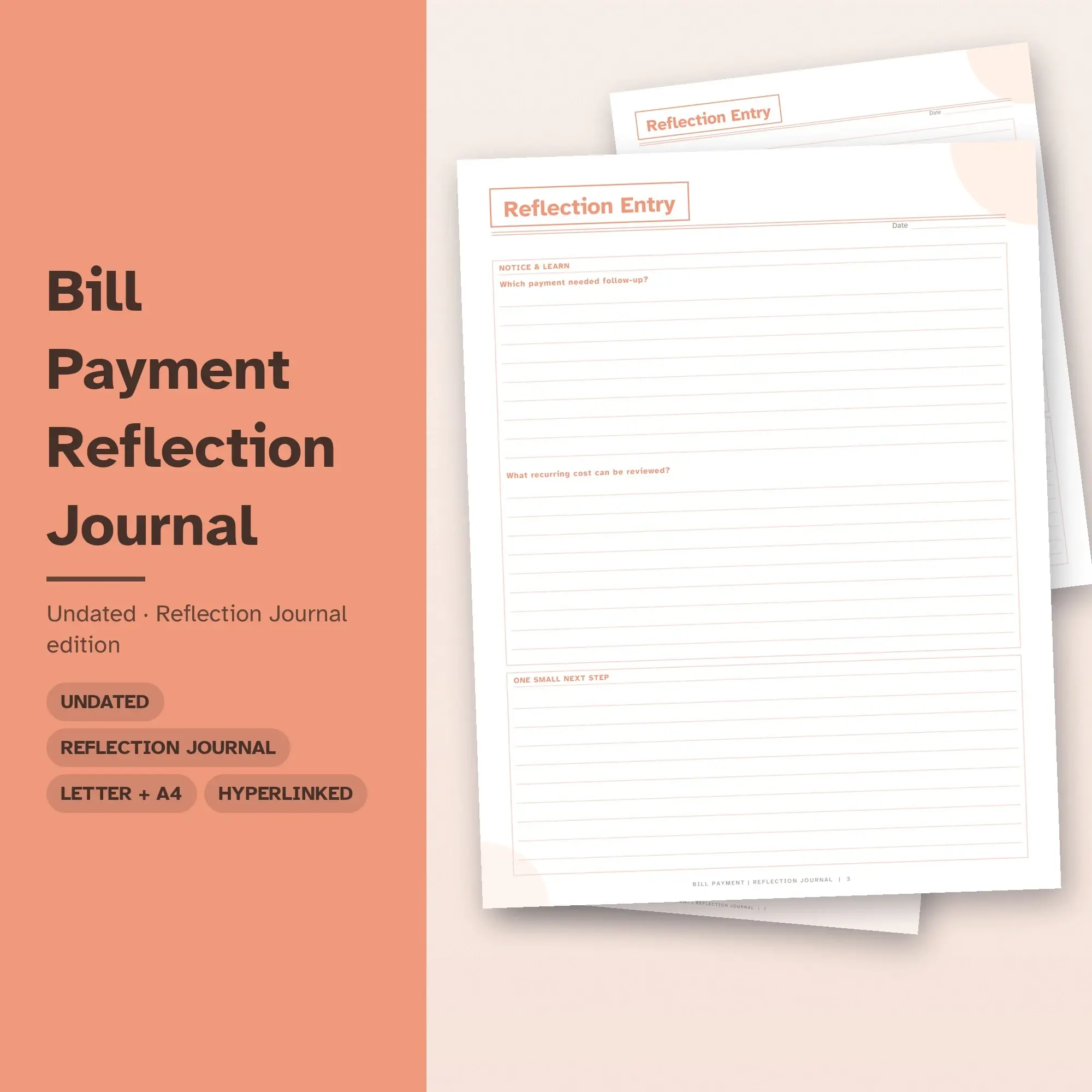 Bill Payment Reflection Journal Planner PDF - Peach preview