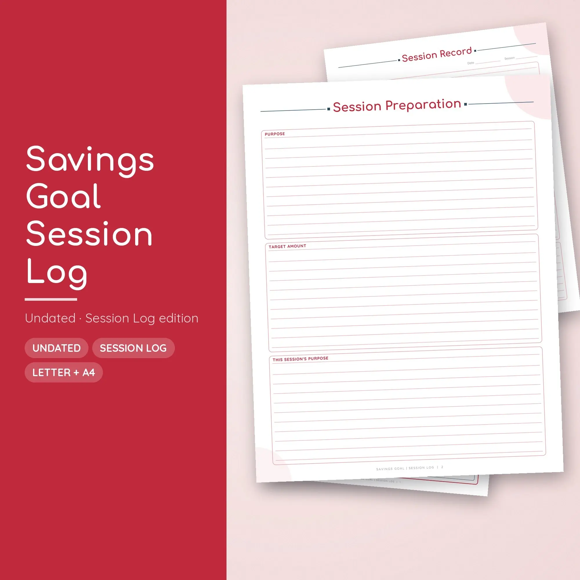 Savings Goal Session Log Planner PDF - Cherry preview