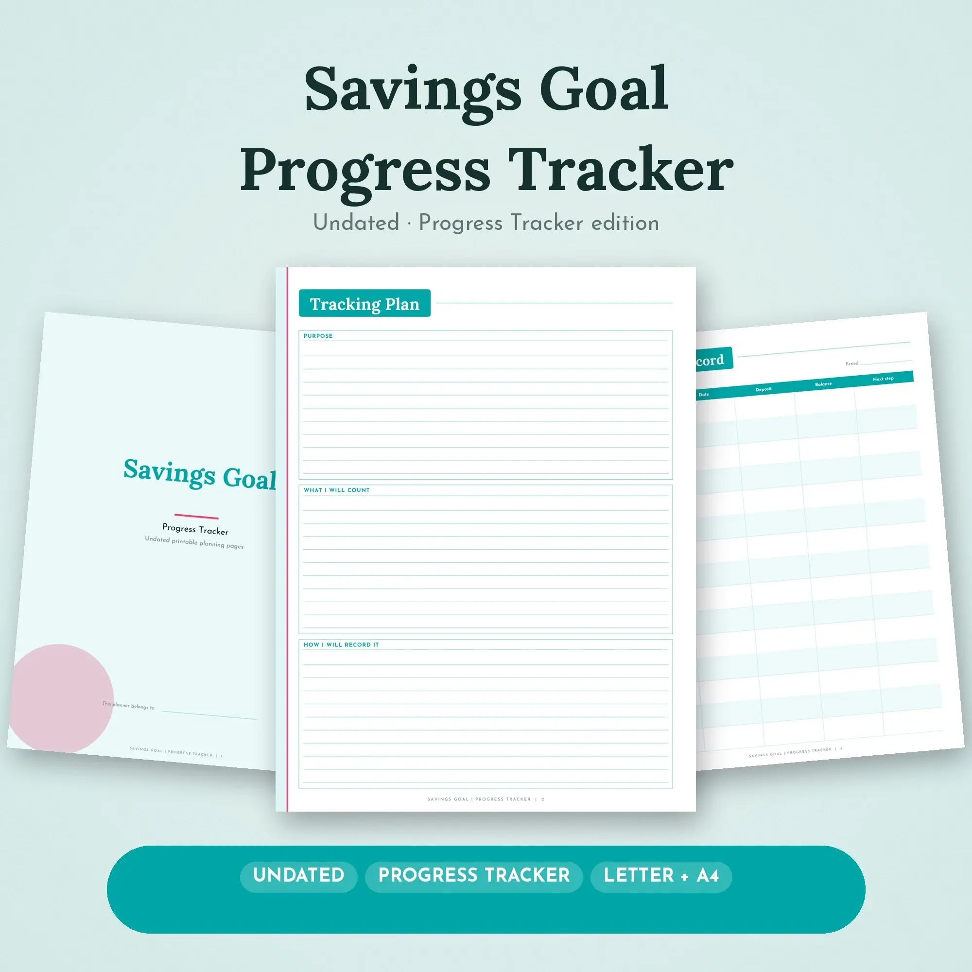Savings Goal Progress Tracker Planner PDF - Aqua preview