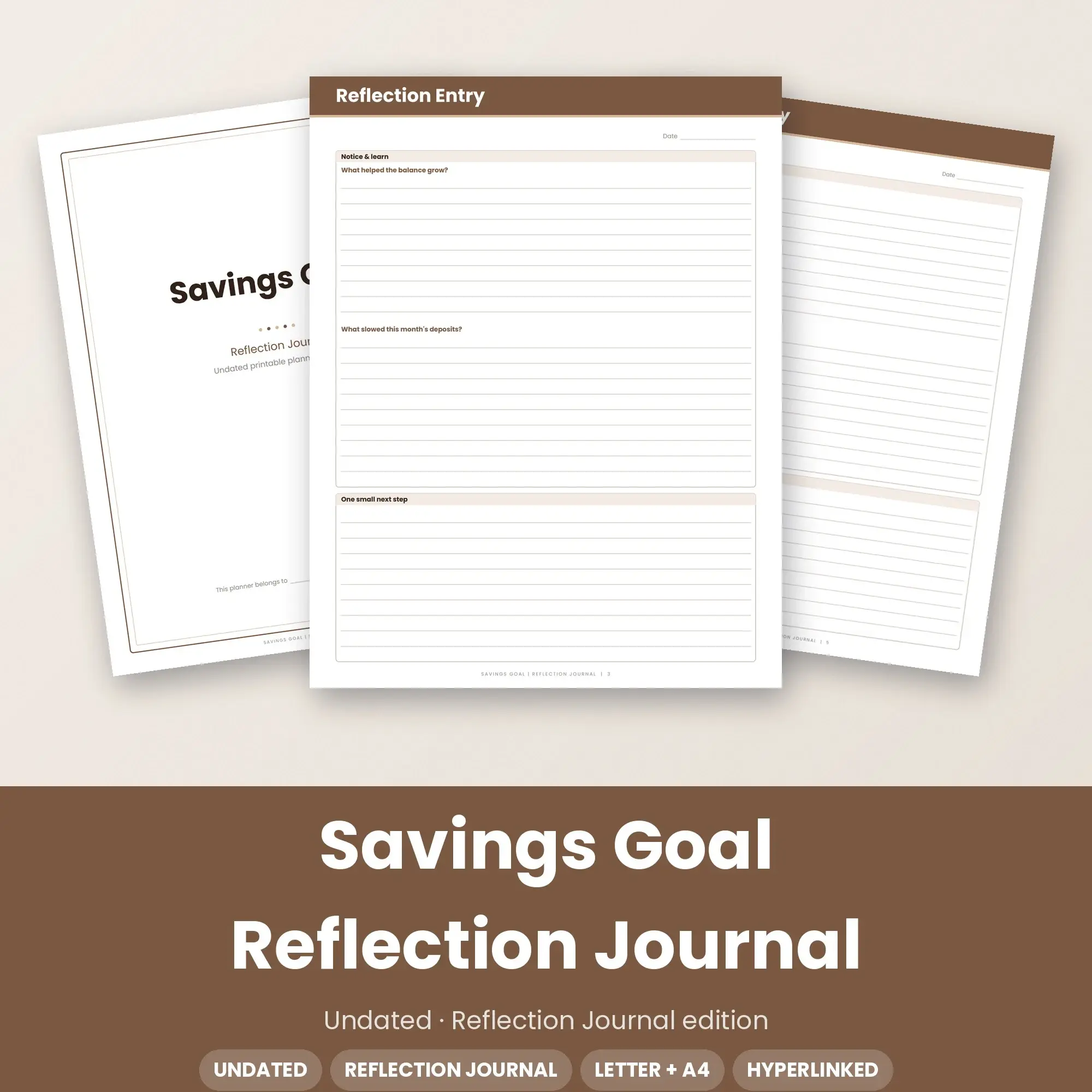 Savings Goal Reflection Journal Planner PDF - Cocoa preview