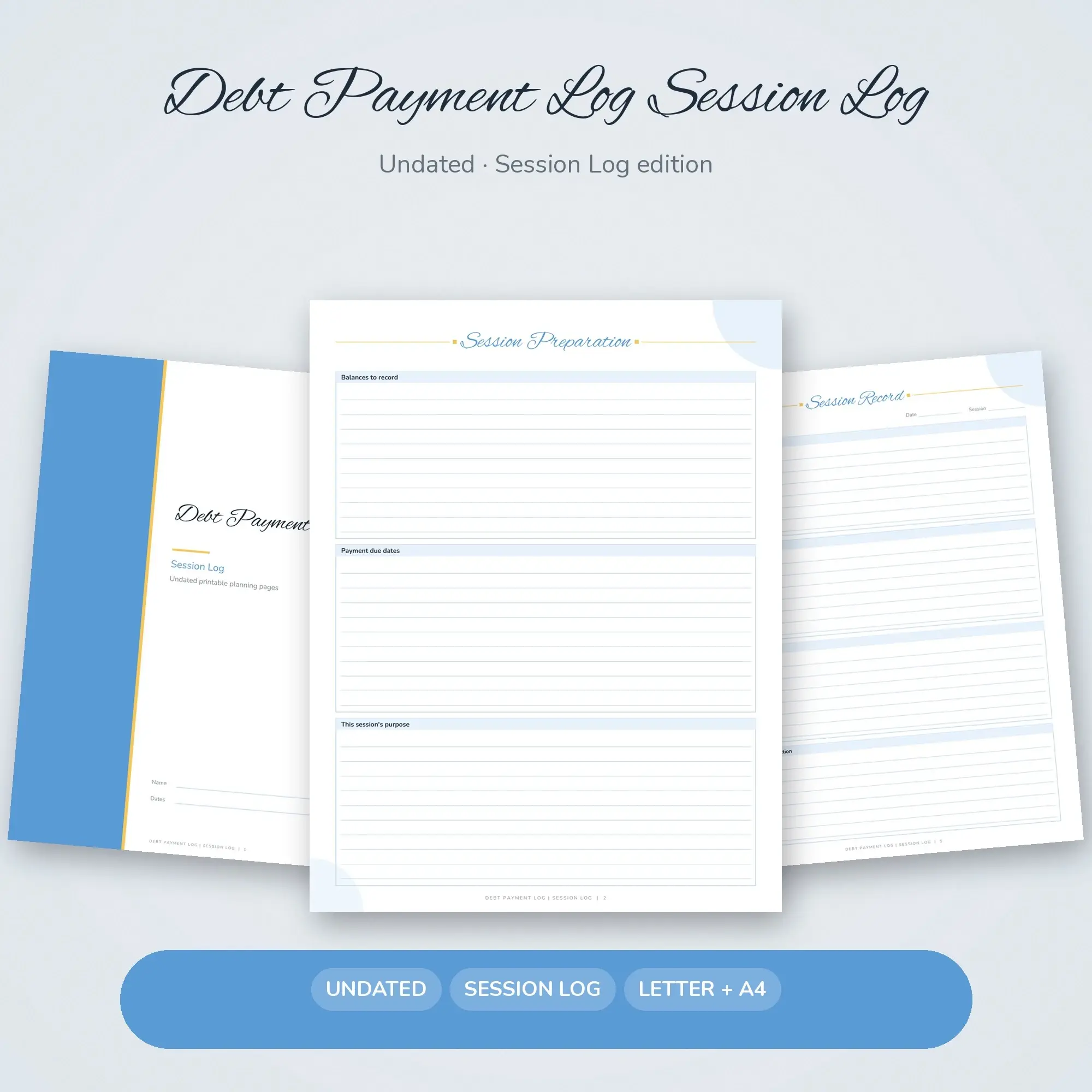 Debt Payment Log Session Log Planner PDF - Sky Blue preview
