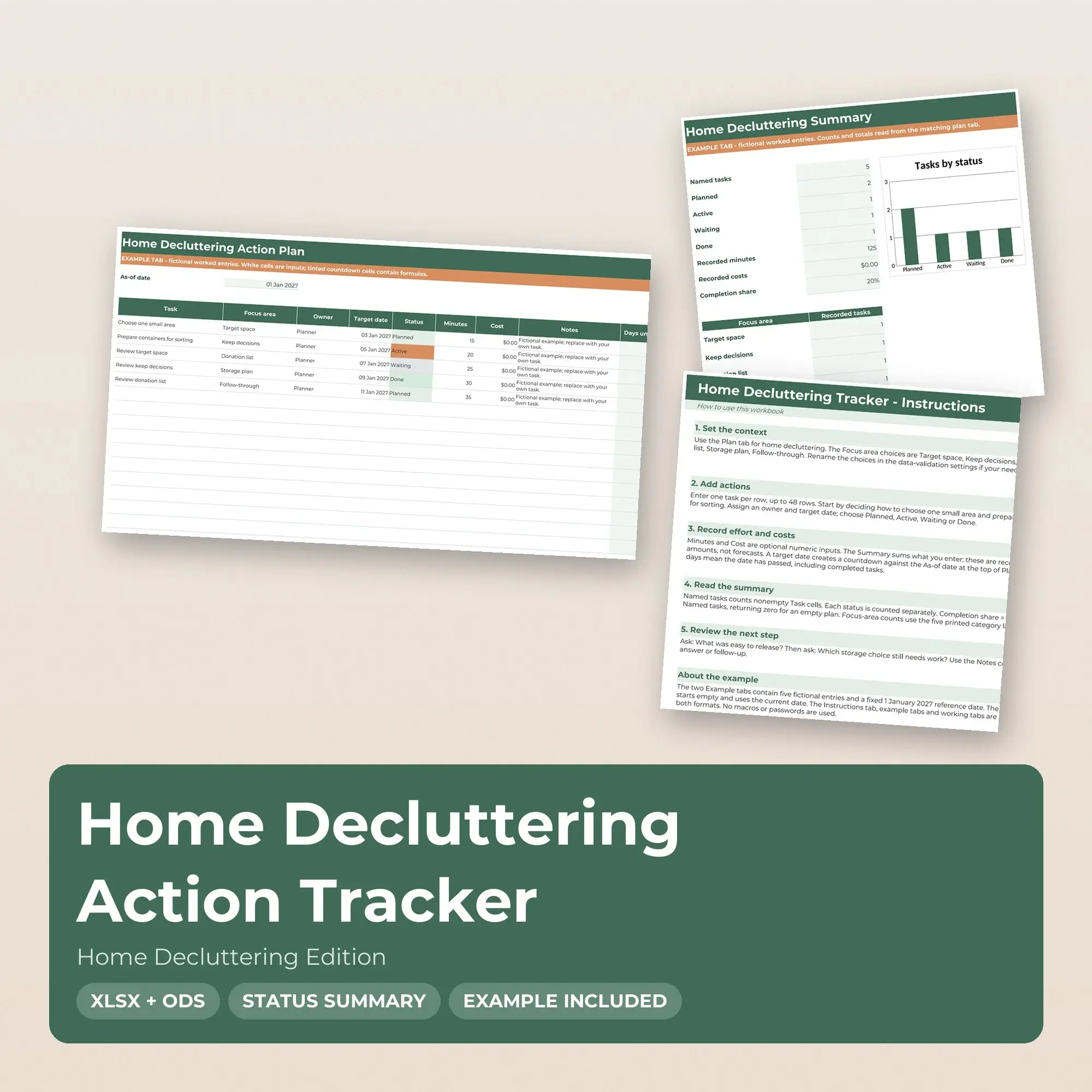 Home Decluttering Action Tracker Spreadsheet, XLSX + ODS preview