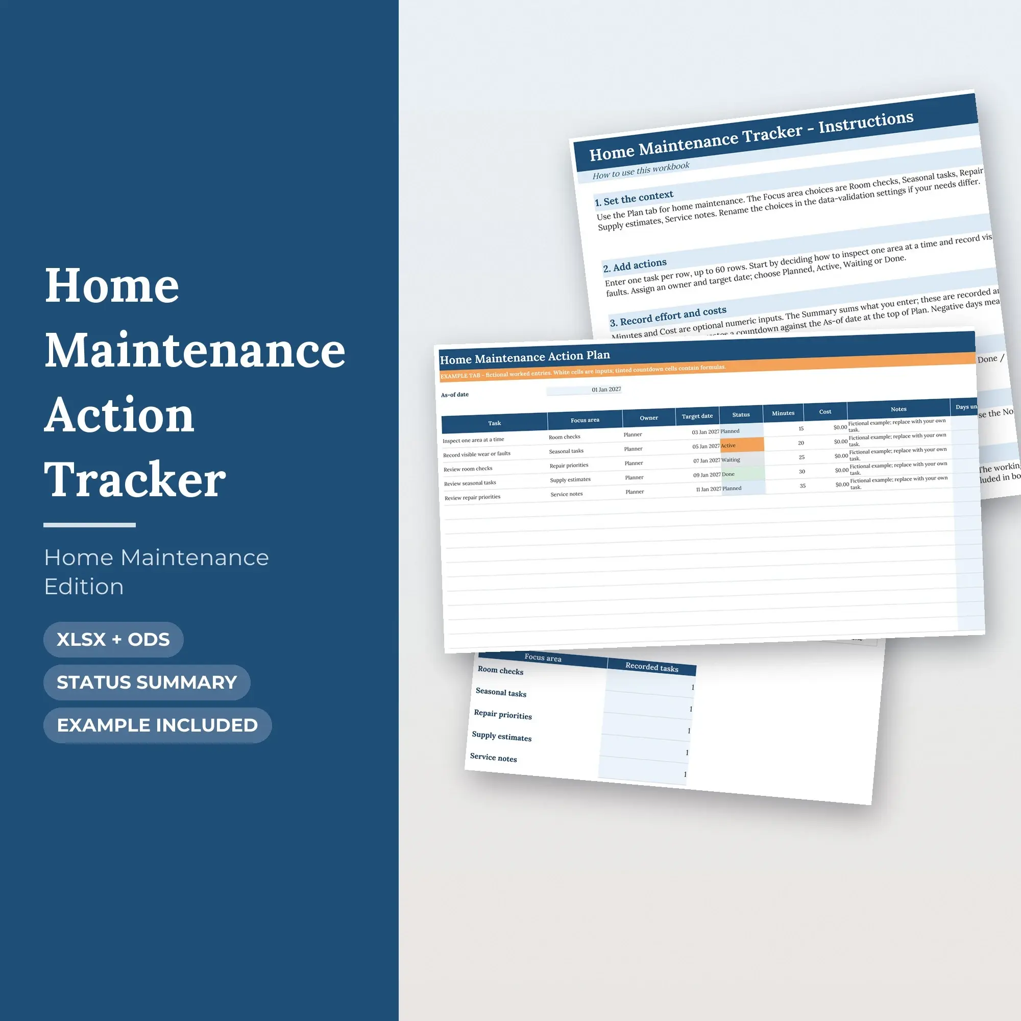 Home Maintenance Action Tracker Spreadsheet, XLSX + ODS preview