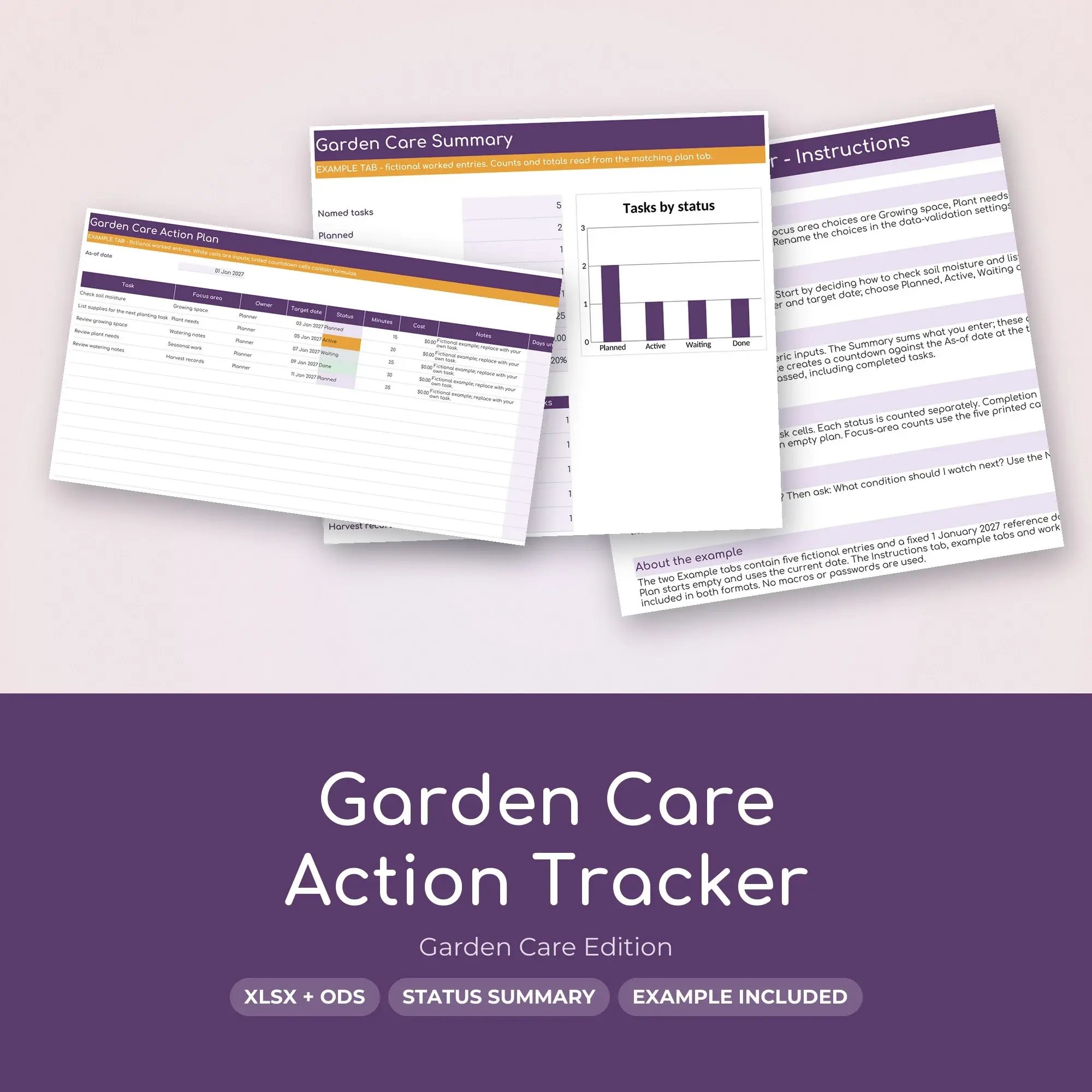 Garden Care Action Tracker Spreadsheet, XLSX + ODS preview