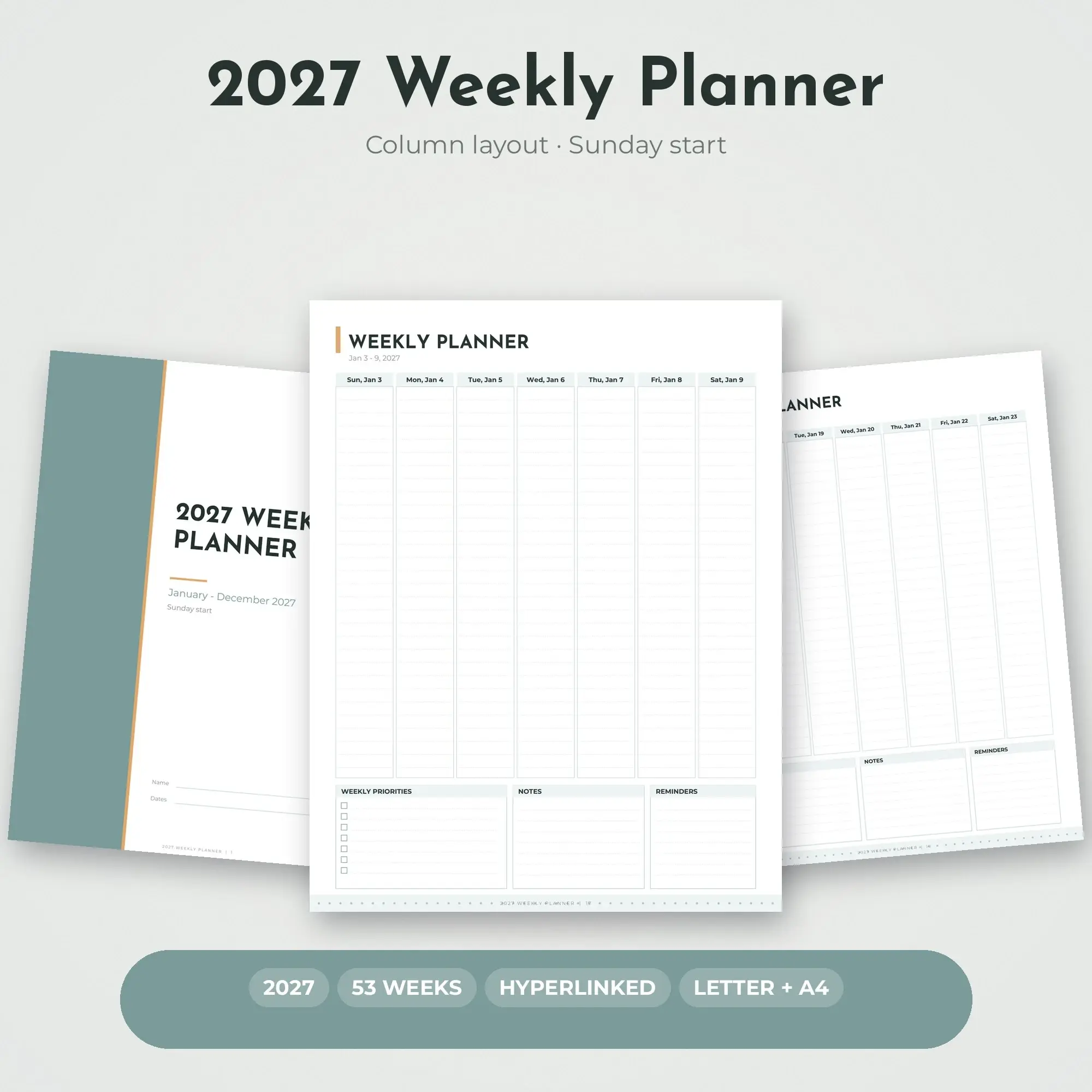 2027 Digital Weekly Planner, Hyperlinked PDF + Printable, Seafoam preview