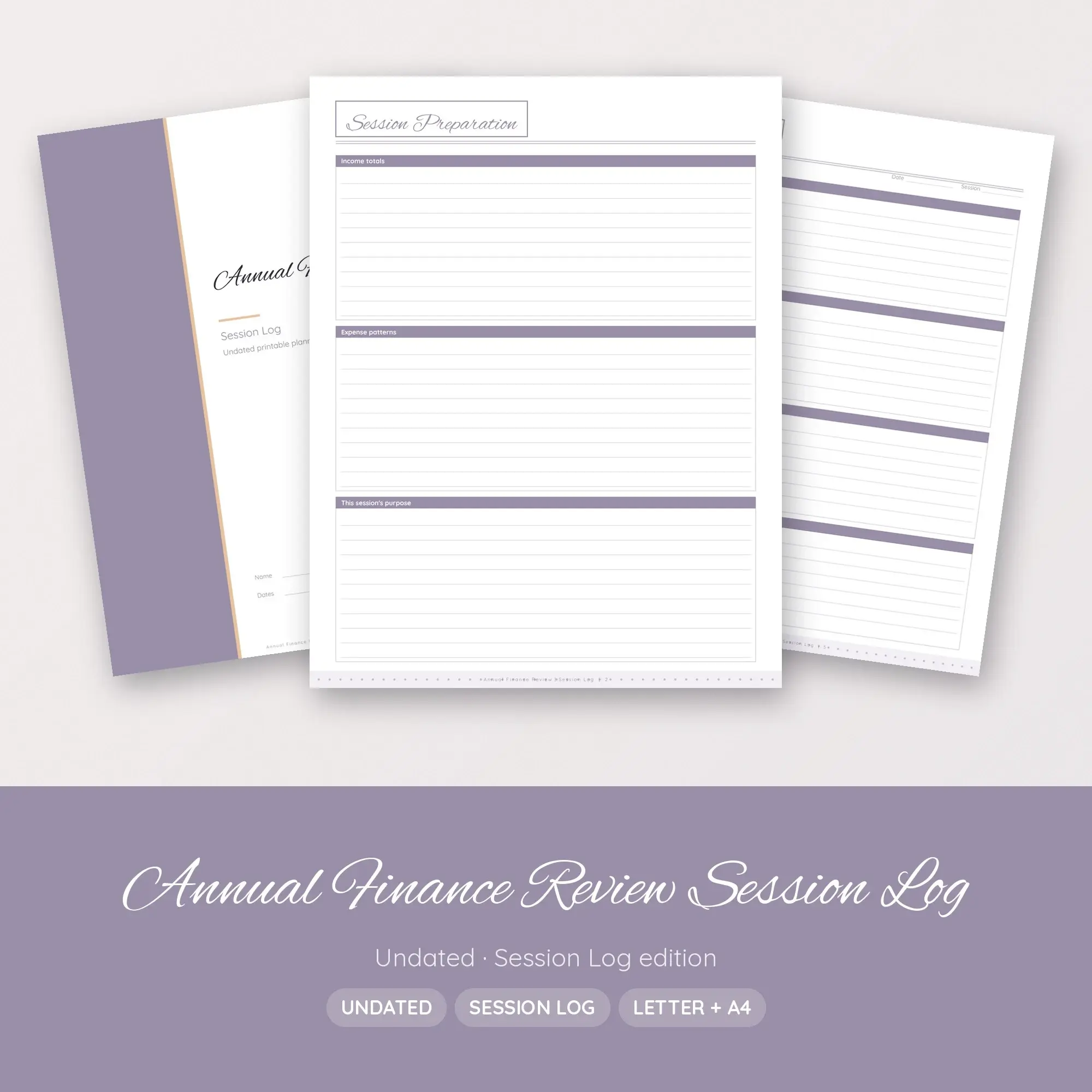 Annual Finance Review Session Log Planner PDF - Lilac preview