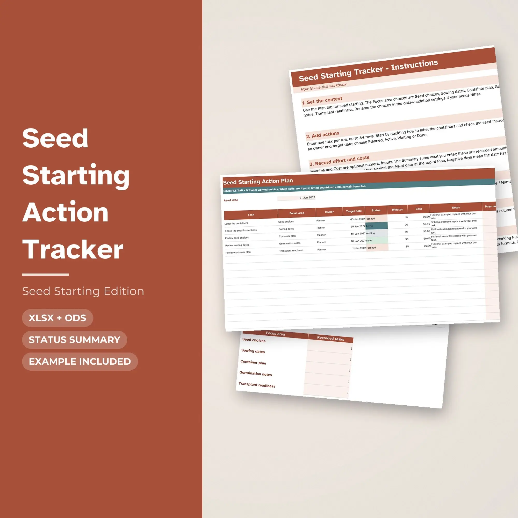 Seed Starting Action Tracker Spreadsheet, XLSX + ODS preview