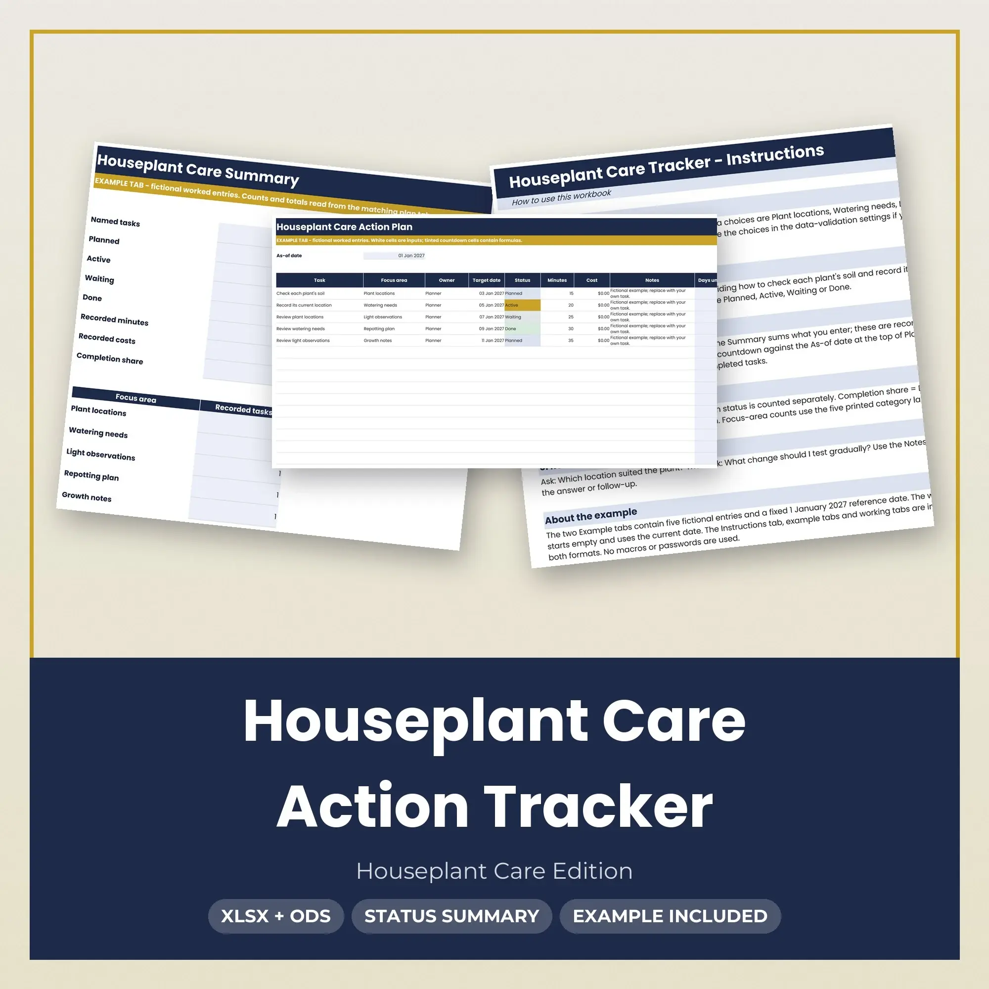 Houseplant Care Action Tracker Spreadsheet, XLSX + ODS preview