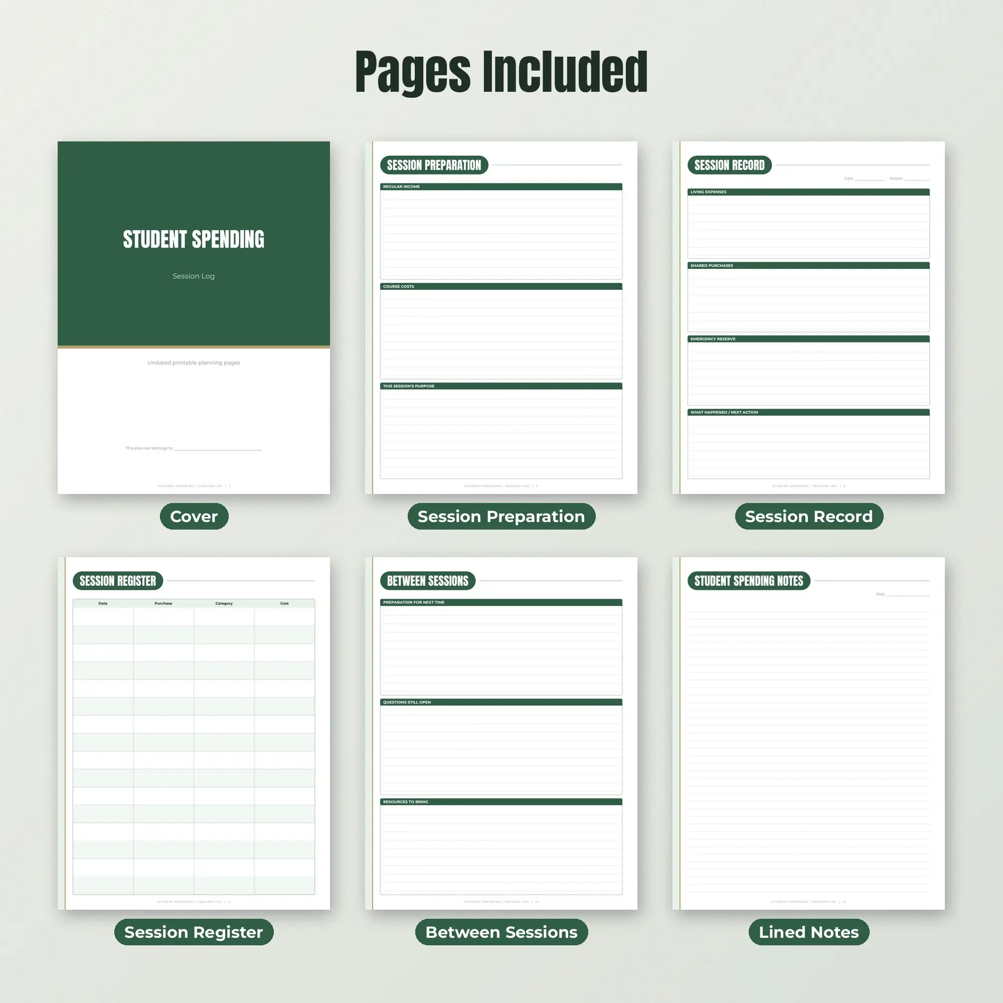 Student Spending Session Log Planner PDF - Forest, preview 2 of 2