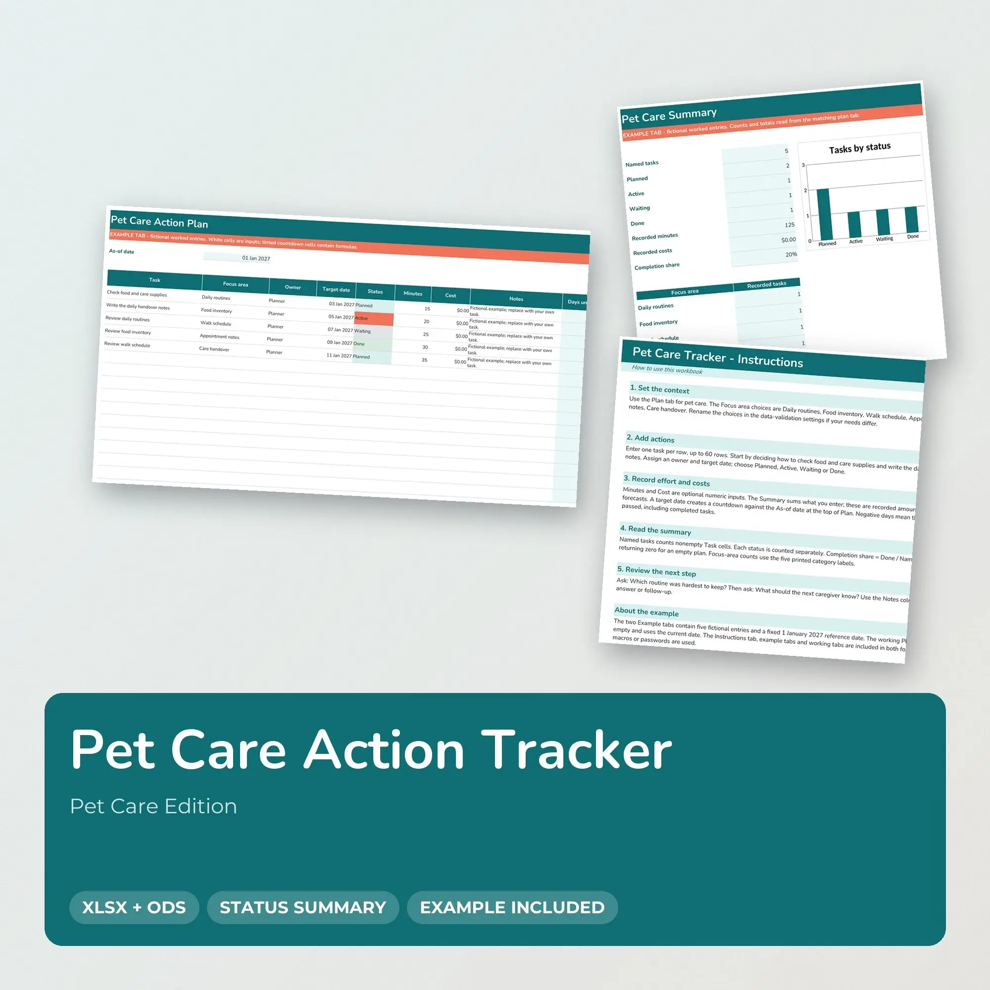 Pet Care Action Tracker Spreadsheet, XLSX + ODS preview