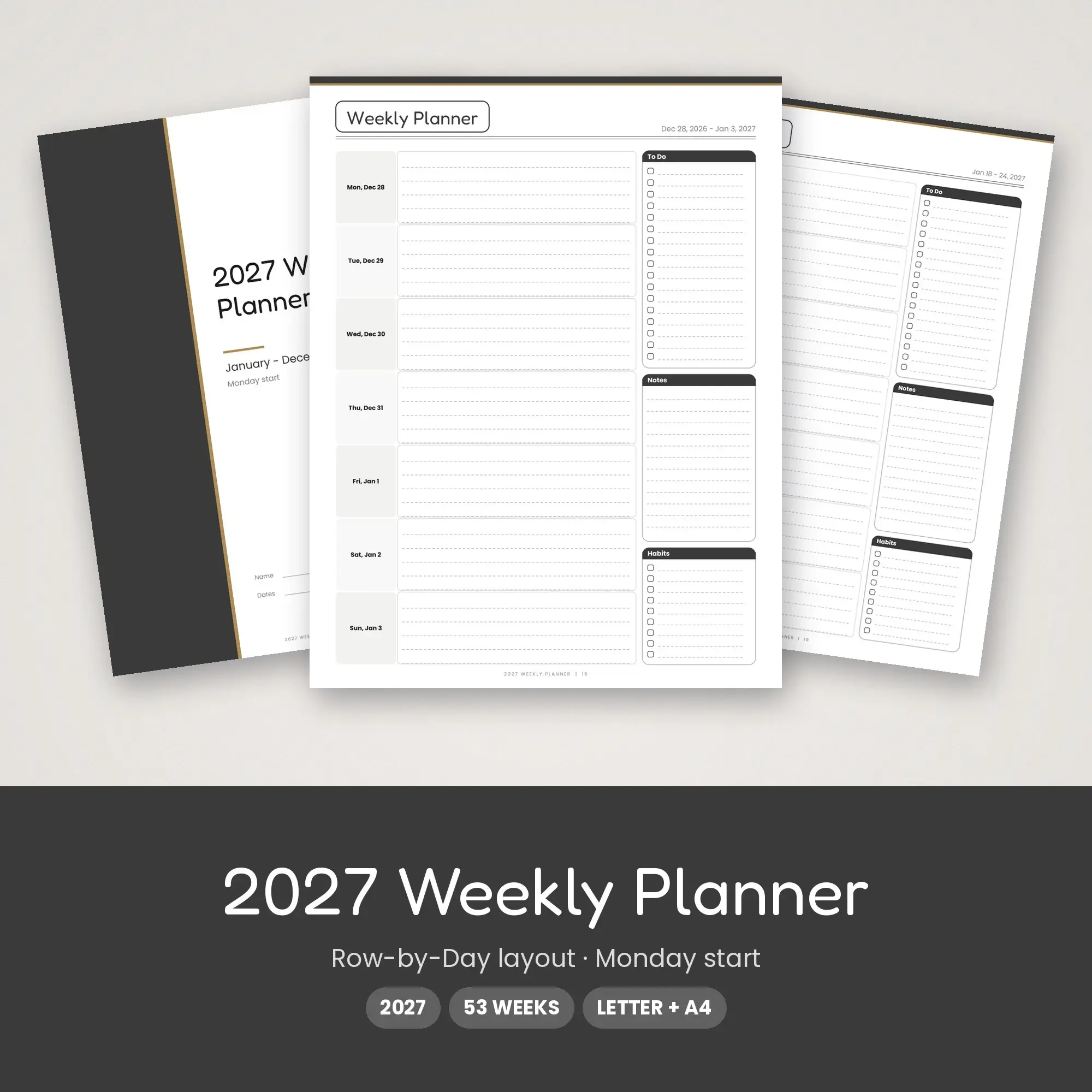 Fun 2027 Weekly Planner PDF, Monday Start, US Letter A4 preview