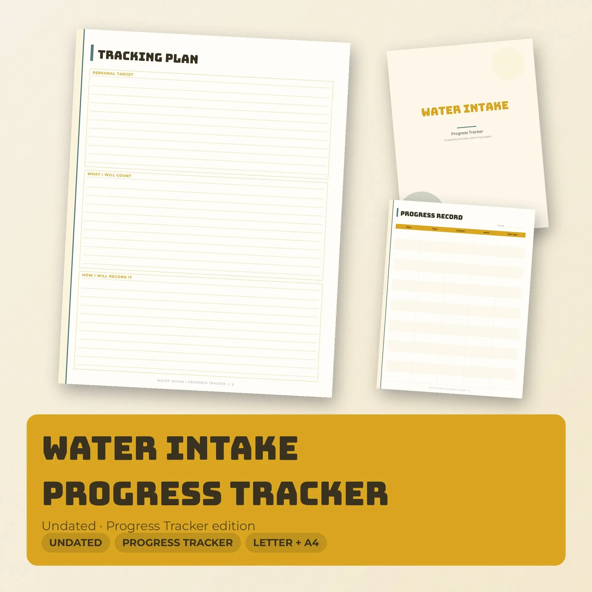 Water Intake Progress Tracker Planner PDF - Mustard, preview 1 of 2