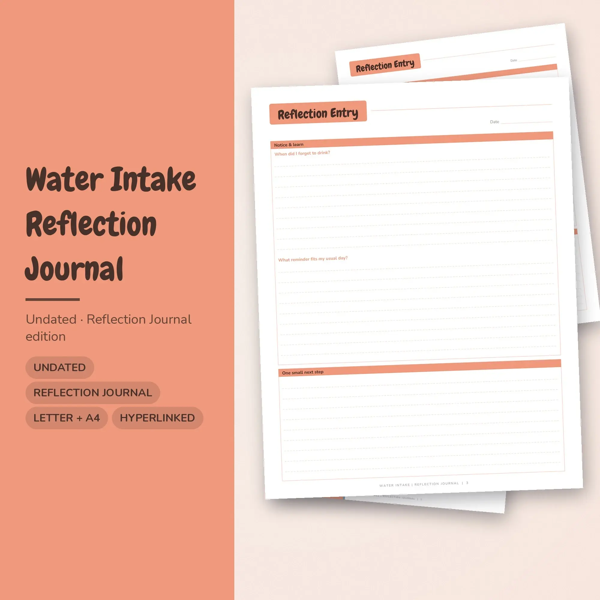 Water Intake Reflection Journal Planner PDF - Peach preview